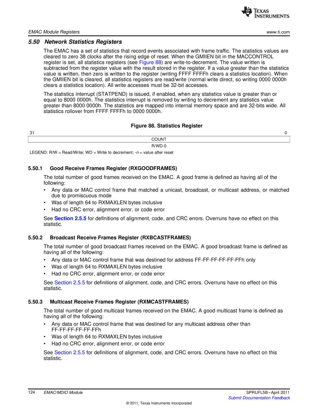 Texas Instruments TMS320C674X manual Network Statistics Registers, Good Receive Frames Register Rxgoodframes, Count 