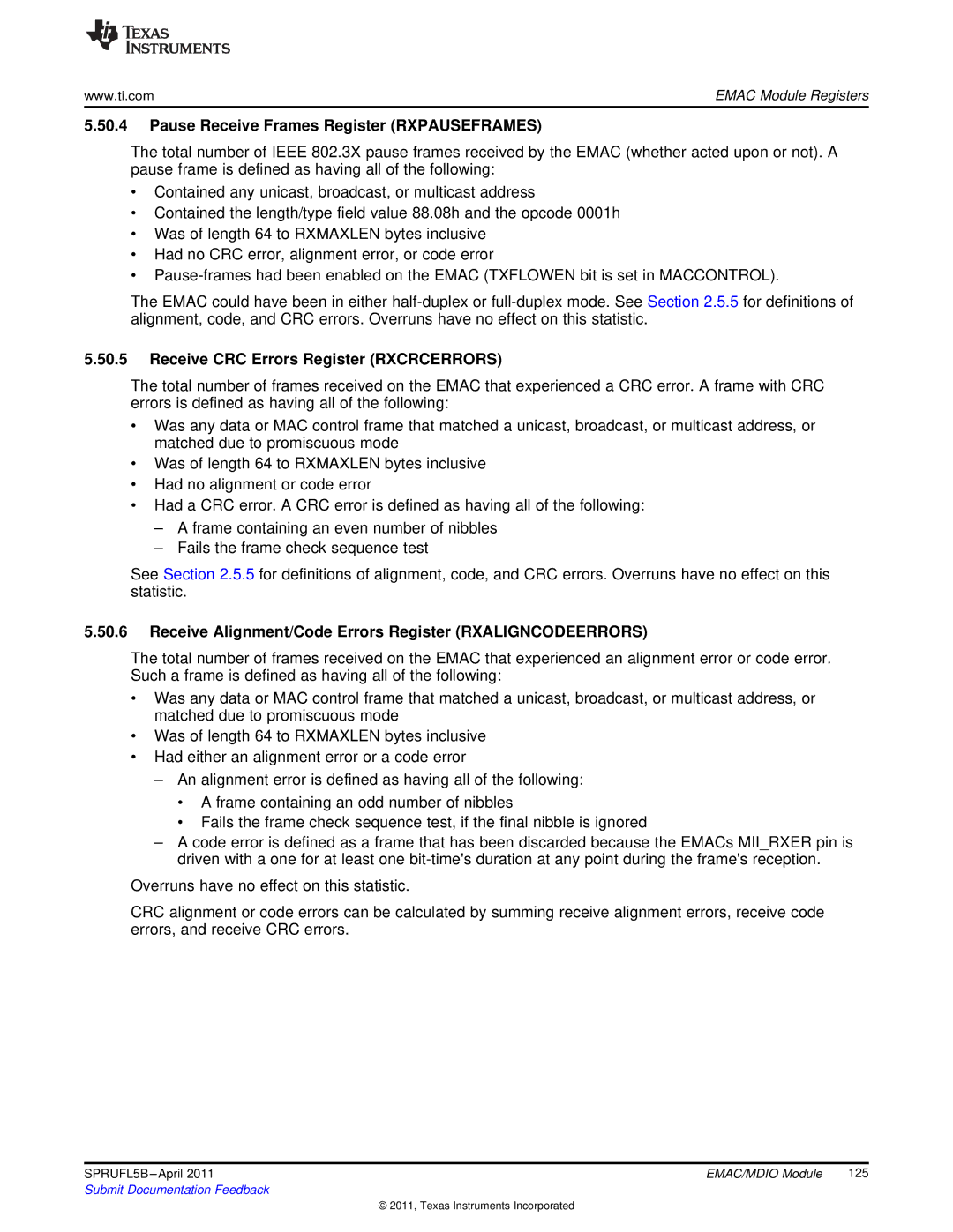 Texas Instruments TMS320C674X manual Pause Receive Frames Register Rxpauseframes, Receive CRC Errors Register Rxcrcerrors 