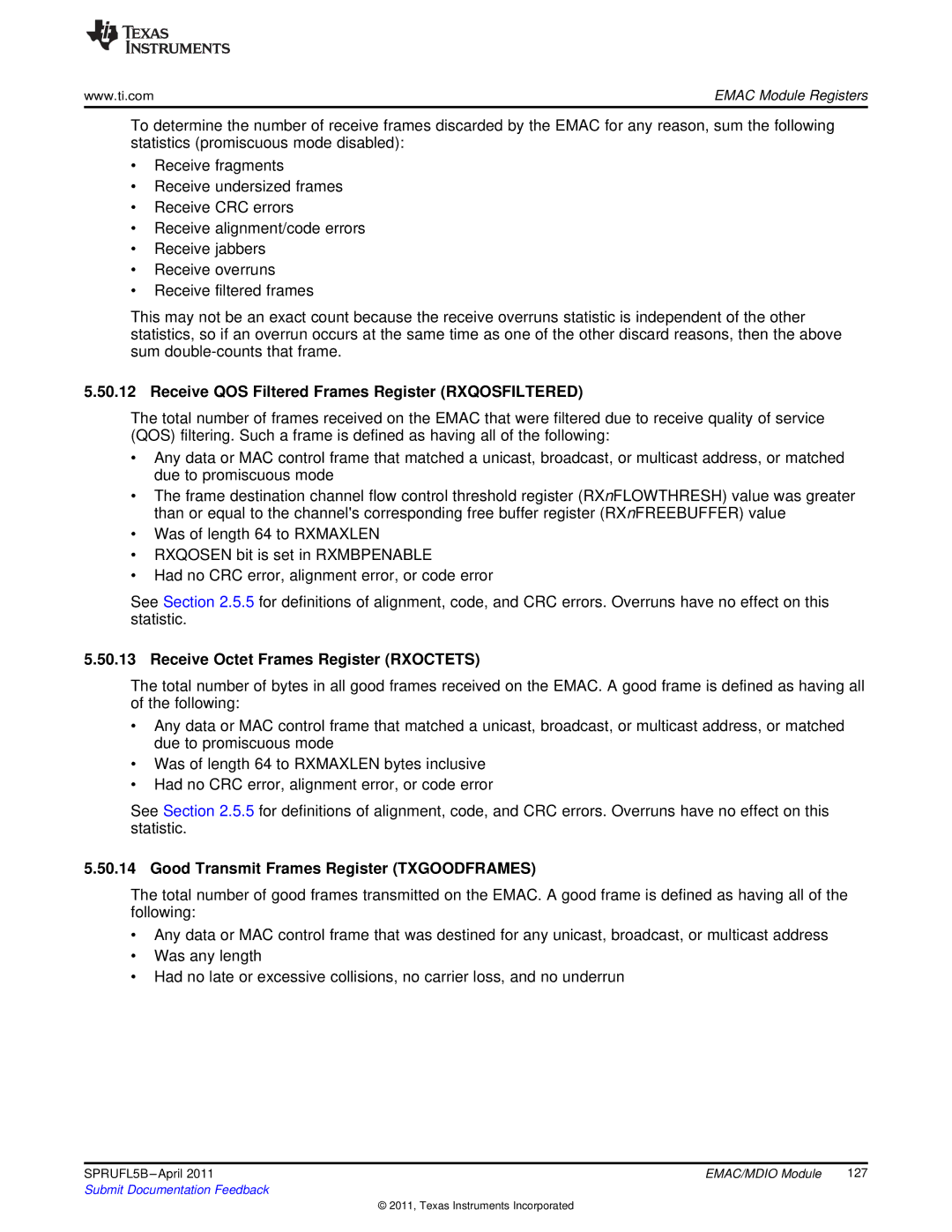 Texas Instruments TMS320C674X Receive QOS Filtered Frames Register Rxqosfiltered, Receive Octet Frames Register Rxoctets 