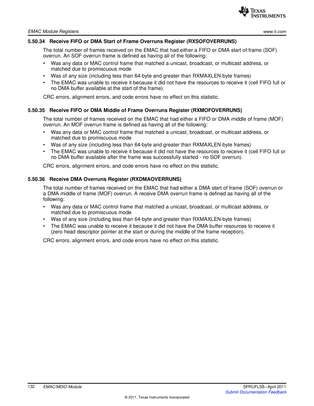 Texas Instruments TMS320C674X manual Receive DMA Overruns Register Rxdmaoverruns 