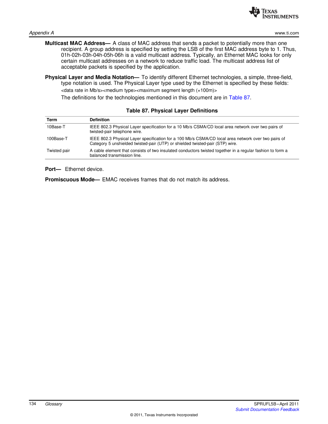 Texas Instruments TMS320C674X manual Physical Layer Definitions, Term Definition 