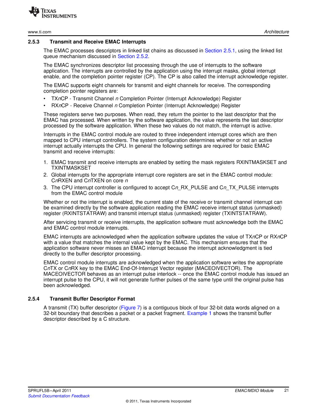 Texas Instruments TMS320C674X manual Transmit and Receive Emac Interrupts, Transmit Buffer Descriptor Format 