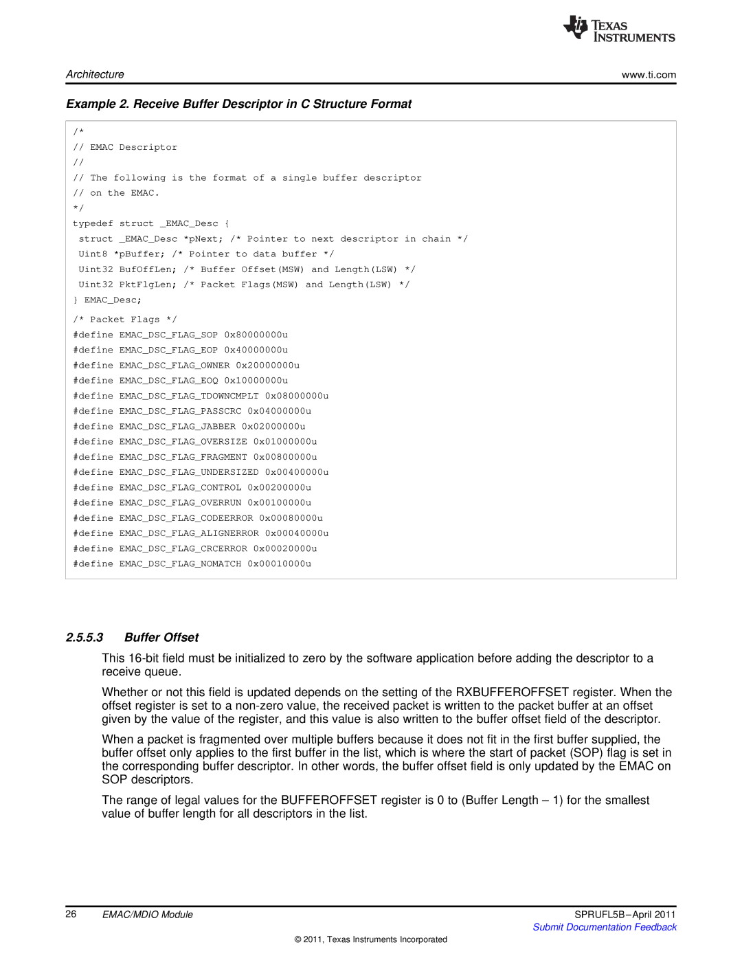 Texas Instruments TMS320C674X manual Example 2. Receive Buffer Descriptor in C Structure Format, Buffer Offset 