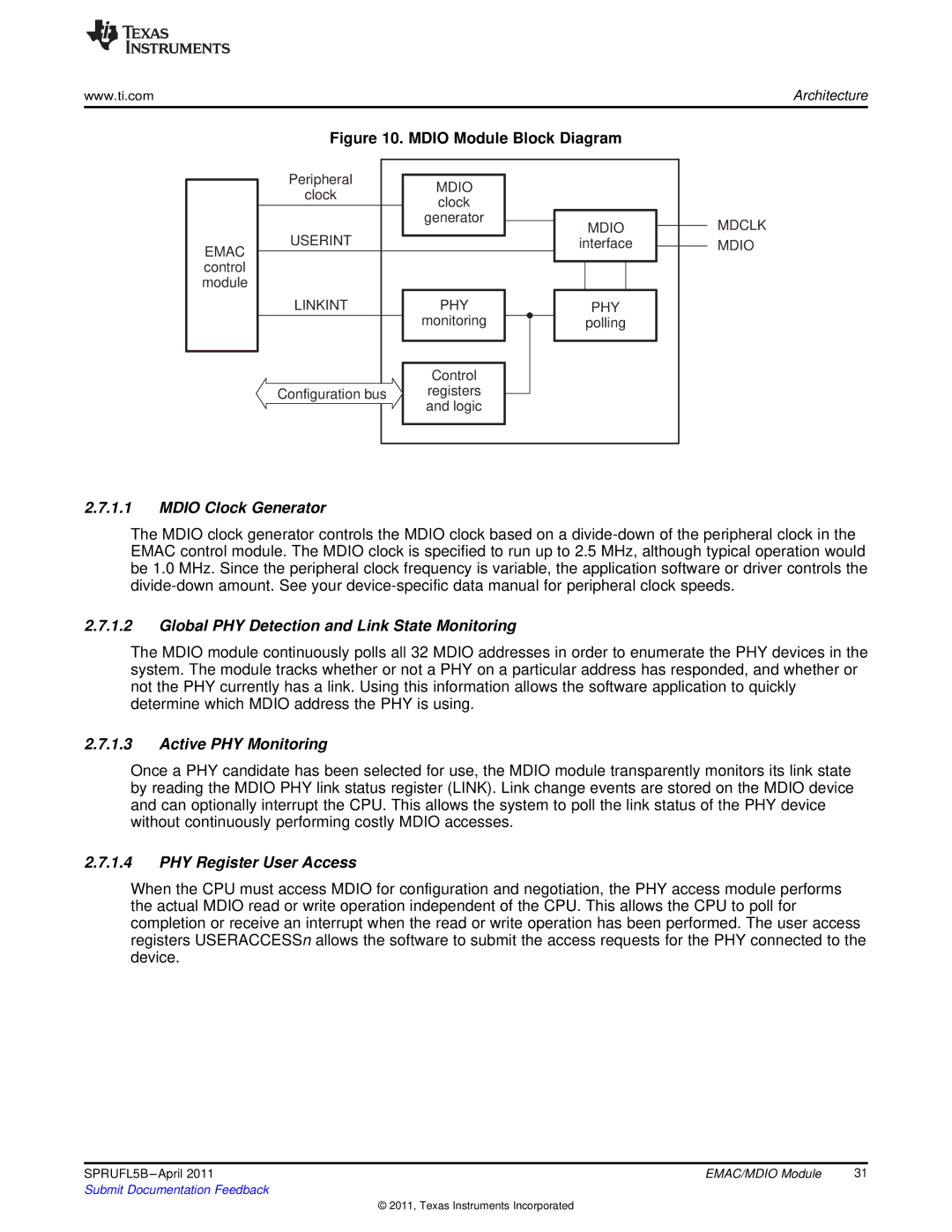 Texas Instruments TMS320C674X Mdio Clock Generator, Global PHY Detection and Link State Monitoring, Active PHY Monitoring 