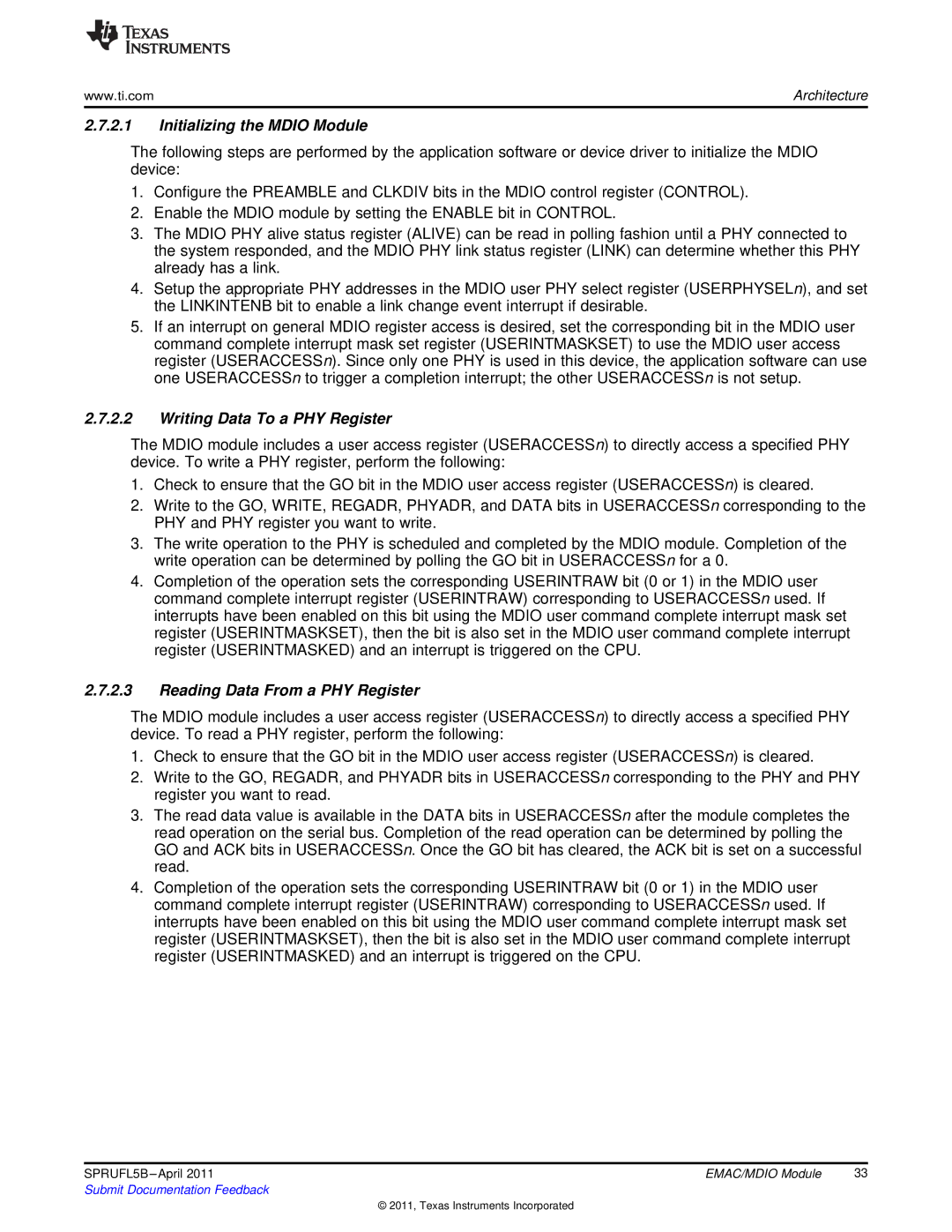 Texas Instruments TMS320C674X manual Initializing the Mdio Module, Writing Data To a PHY Register 