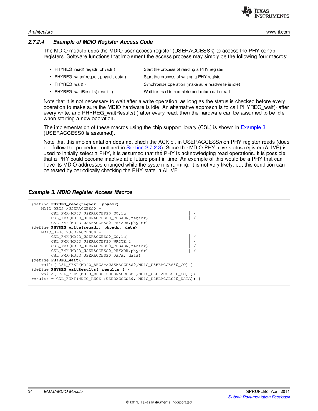 Texas Instruments TMS320C674X manual Example of Mdio Register Access Code, Example 3. Mdio Register Access Macros 