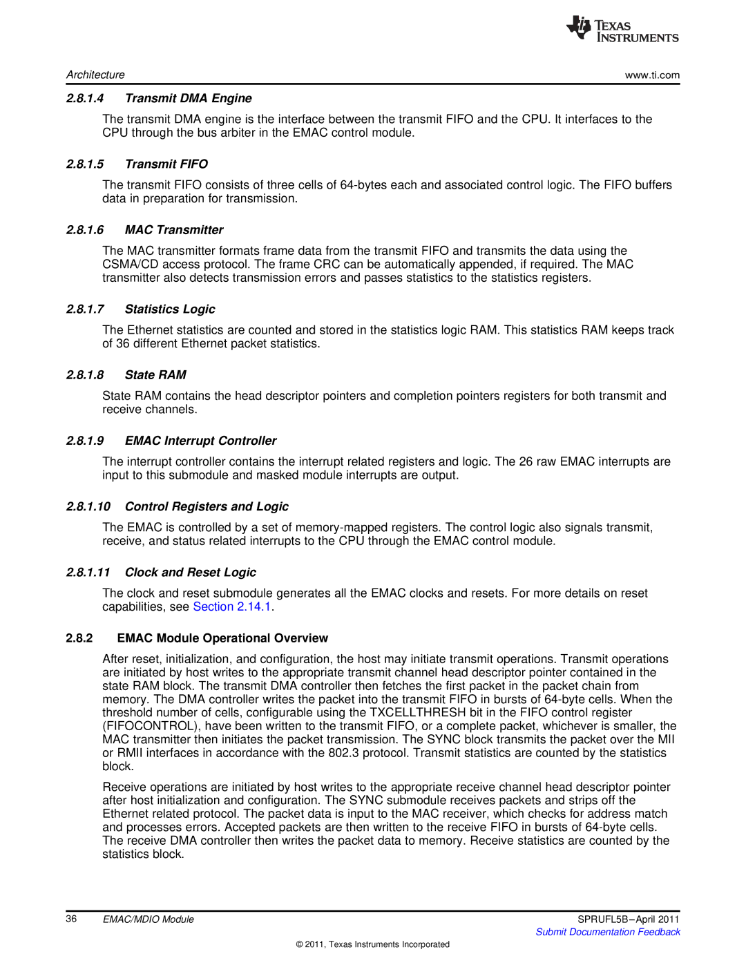 Texas Instruments TMS320C674X manual Transmit DMA Engine, Transmit Fifo, MAC Transmitter, Statistics Logic, State RAM 