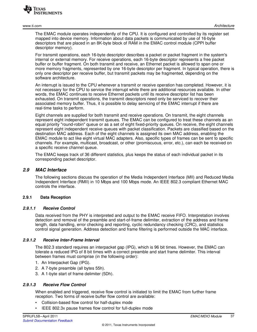 Texas Instruments TMS320C674X manual MAC Interface, Data Reception, Receive Control, Receive Inter-Frame Interval 