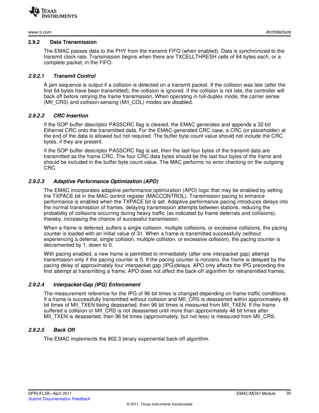 Texas Instruments TMS320C674X manual Transmit Control, CRC Insertion, Adaptive Performance Optimization APO, Back Off 