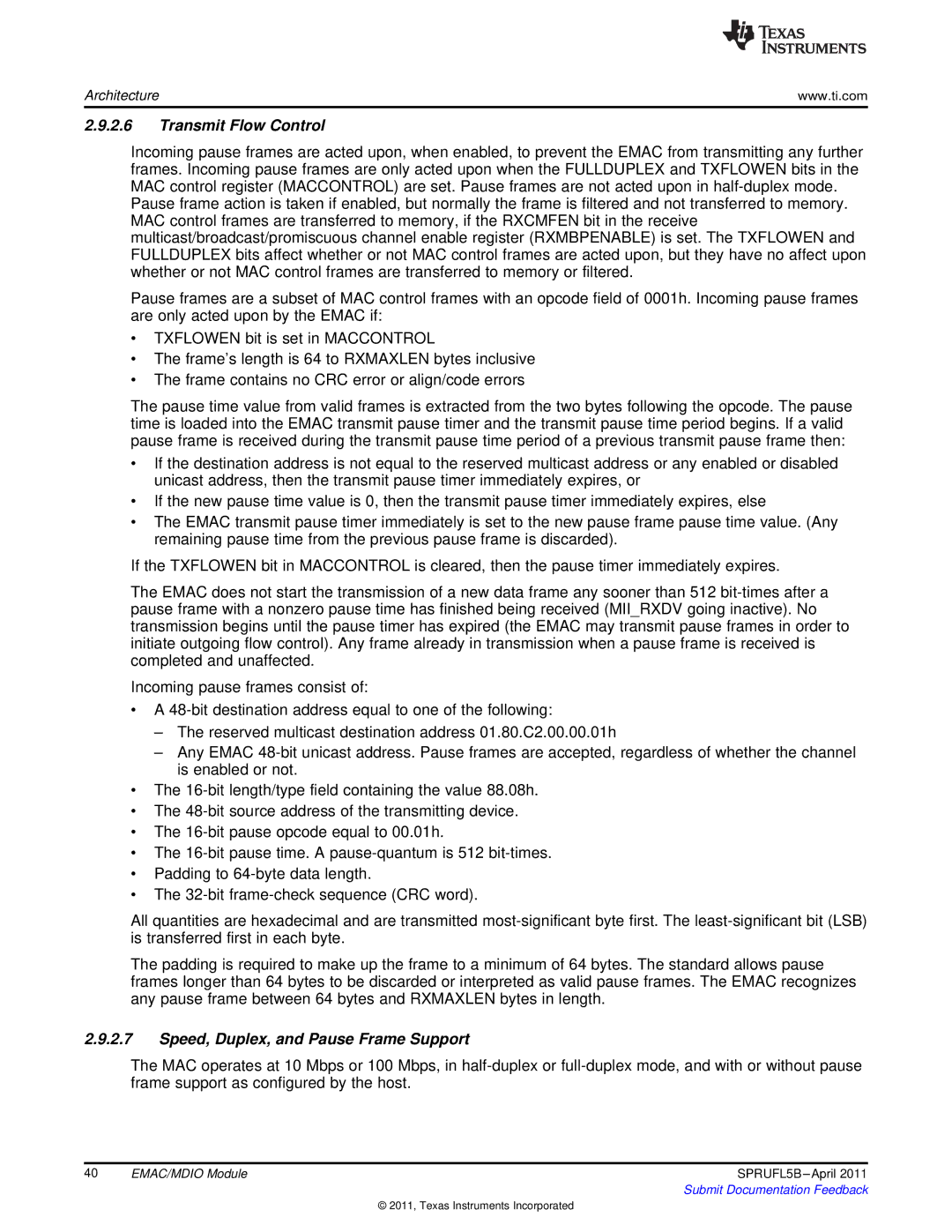 Texas Instruments TMS320C674X manual Transmit Flow Control, Speed, Duplex, and Pause Frame Support 
