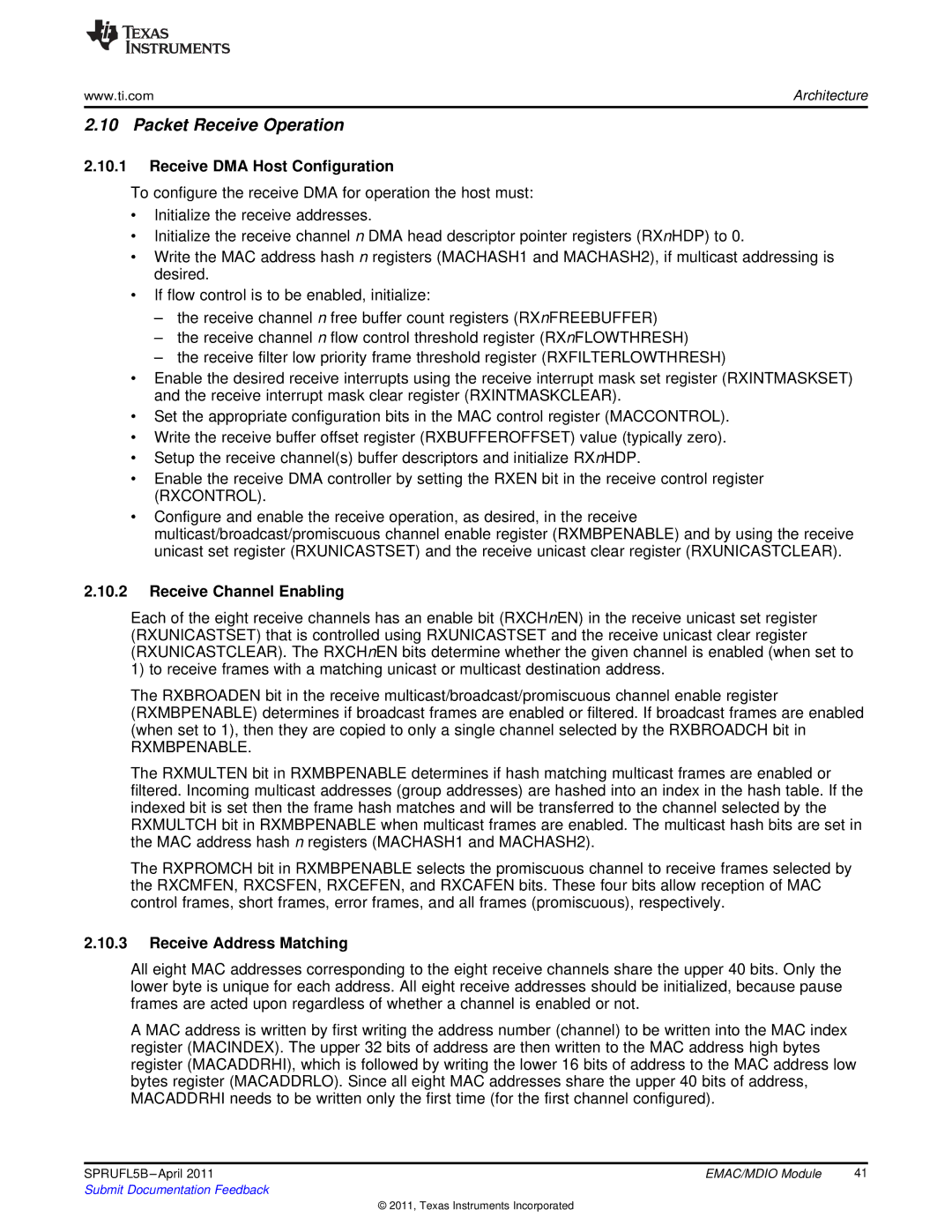 Texas Instruments TMS320C674X manual Packet Receive Operation, Receive DMA Host Configuration, Receive Channel Enabling 