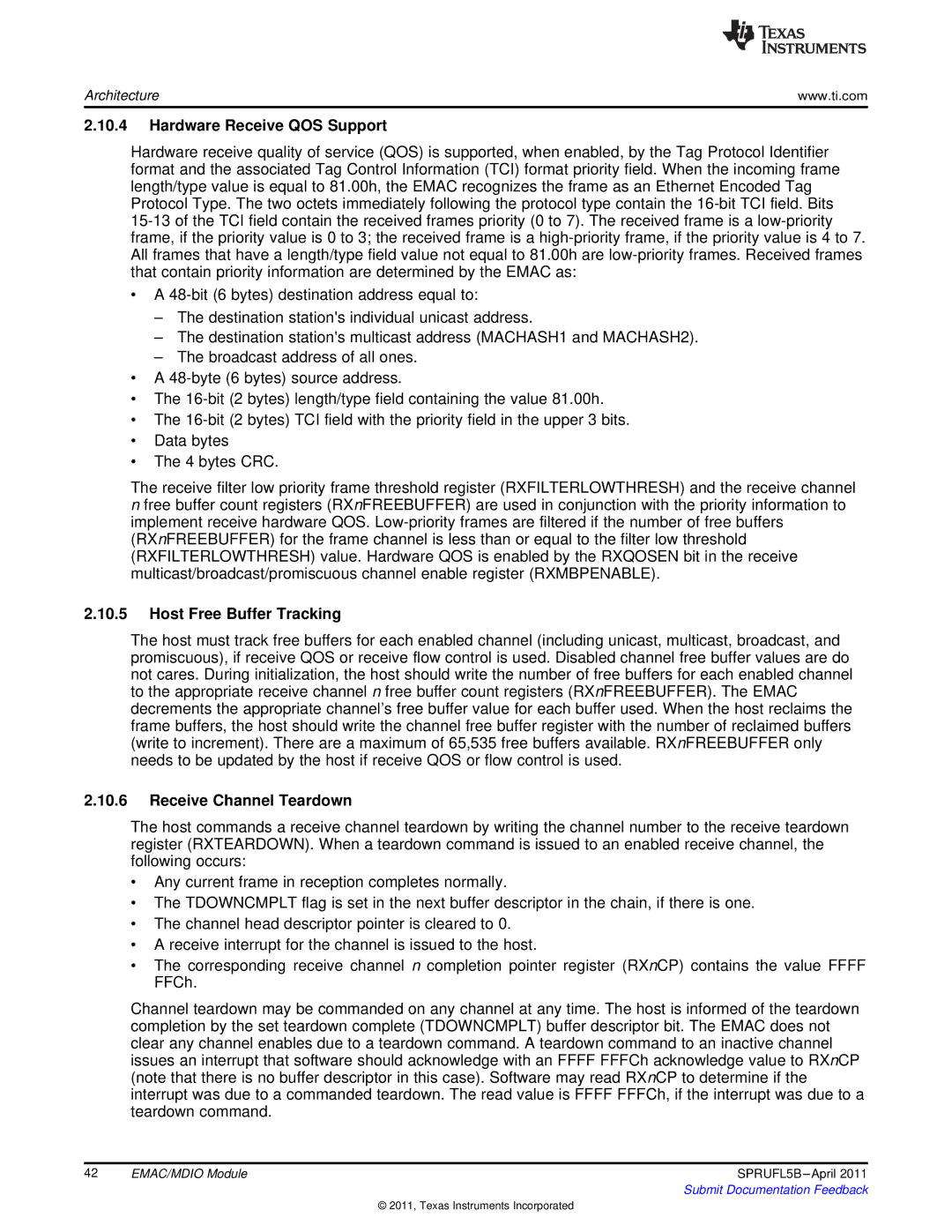 Texas Instruments TMS320C674X manual Hardware Receive QOS Support, Host Free Buffer Tracking, Receive Channel Teardown 