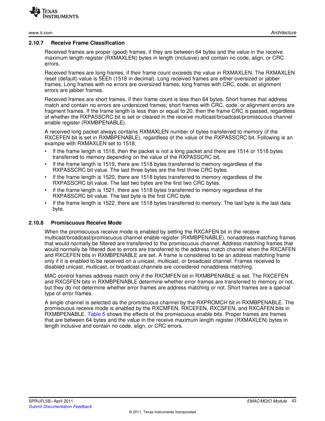 Texas Instruments TMS320C674X manual Receive Frame Classification, Promiscuous Receive Mode 