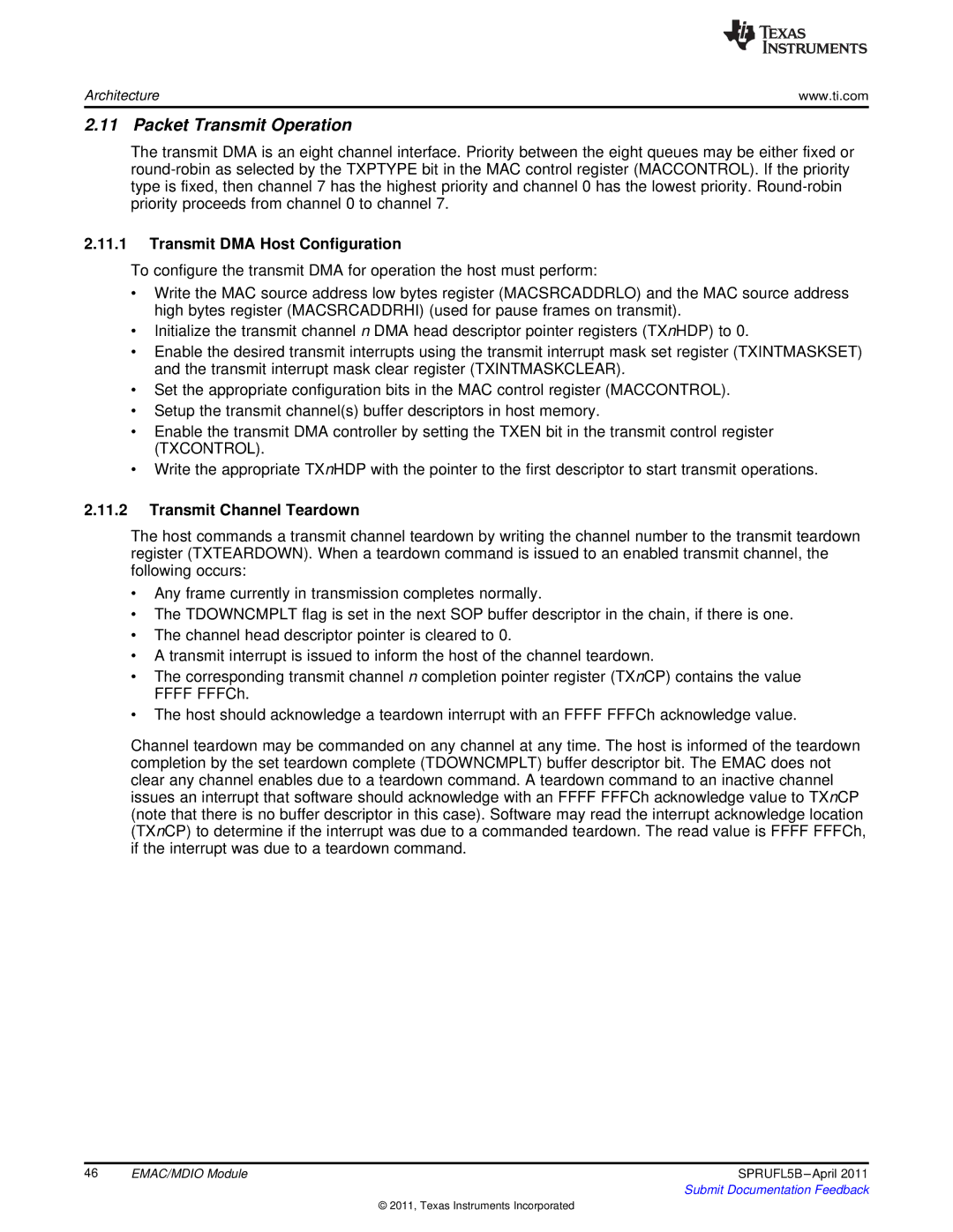 Texas Instruments TMS320C674X manual Packet Transmit Operation, Transmit DMA Host Configuration, Transmit Channel Teardown 