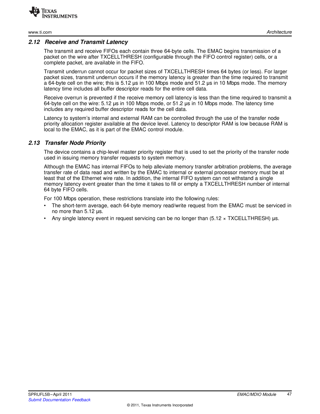 Texas Instruments TMS320C674X manual Receive and Transmit Latency, Transfer Node Priority 