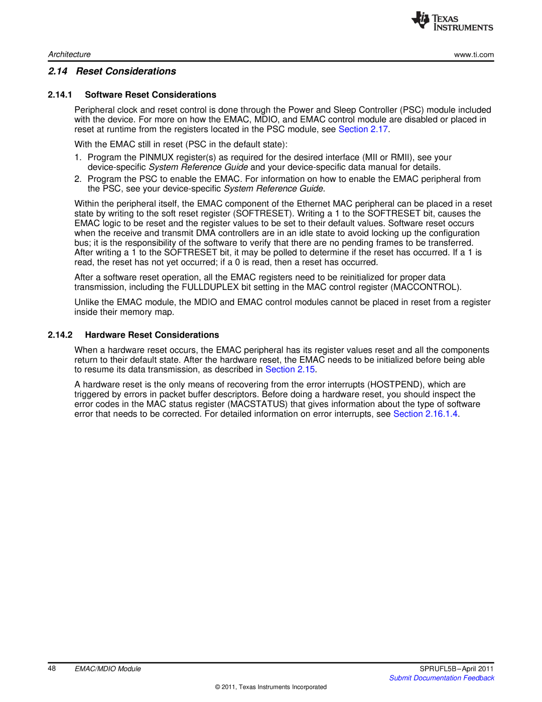 Texas Instruments TMS320C674X manual Software Reset Considerations, Hardware Reset Considerations 