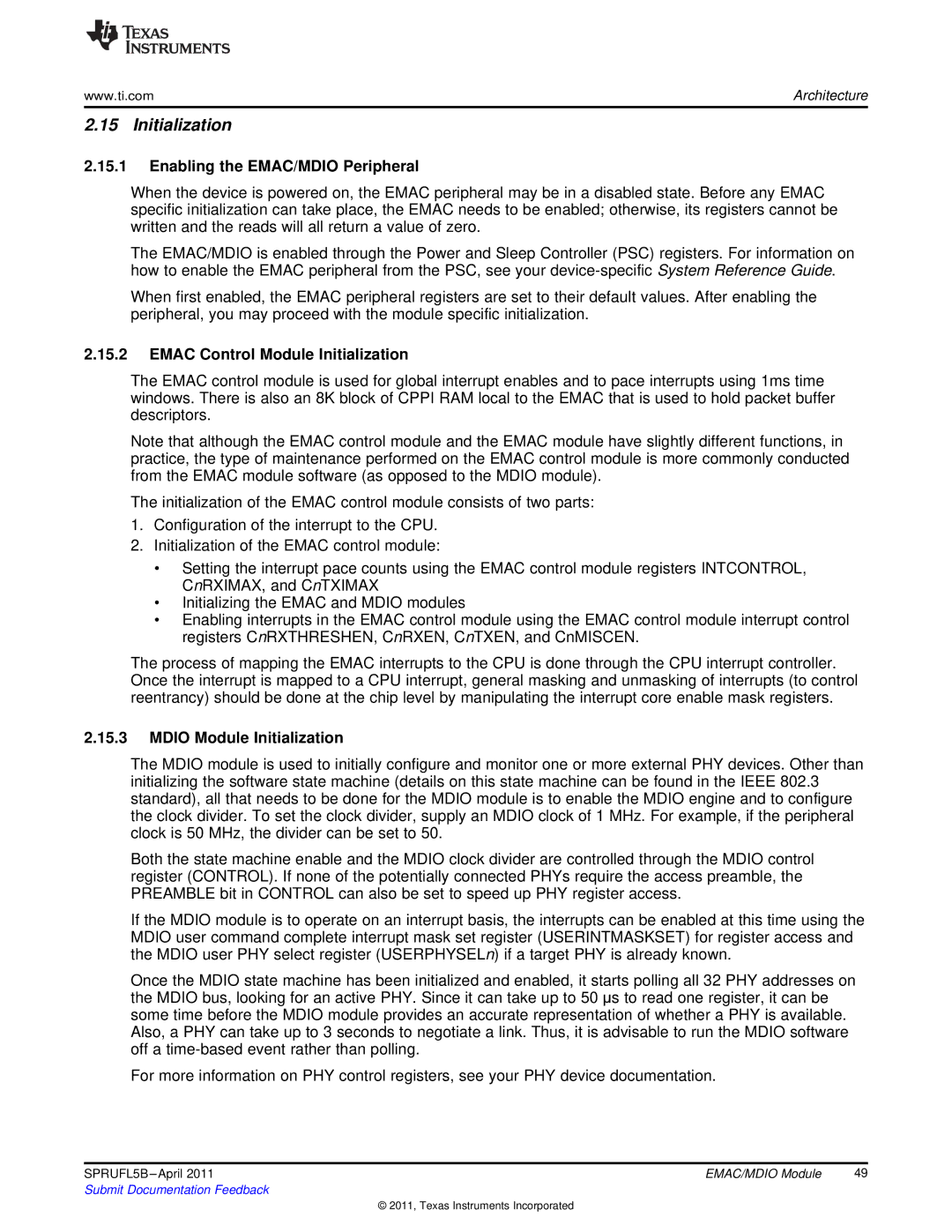 Texas Instruments TMS320C674X manual Enabling the EMAC/MDIO Peripheral, Emac Control Module Initialization 