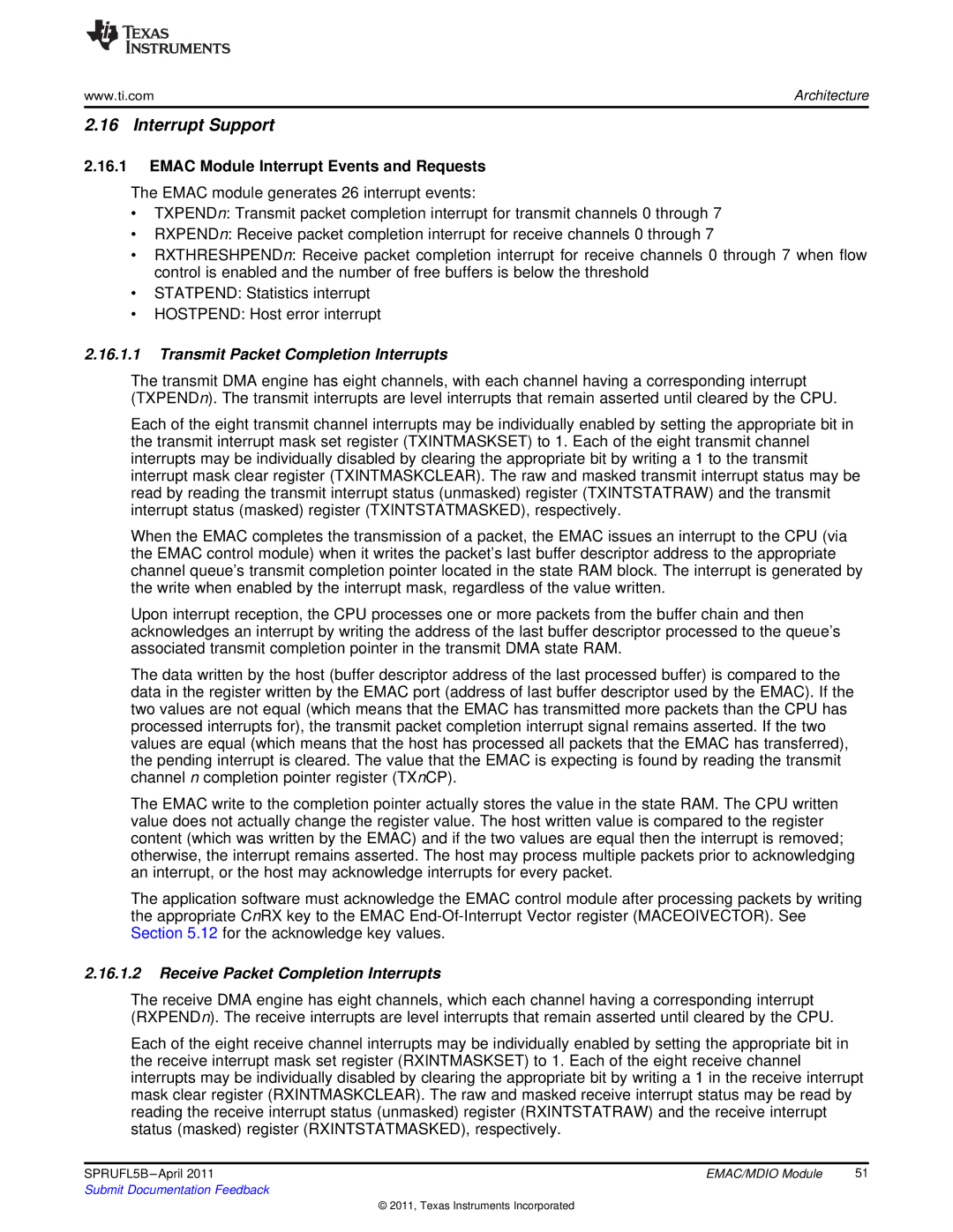 Texas Instruments TMS320C674X manual Interrupt Support, Emac Module Interrupt Events and Requests 