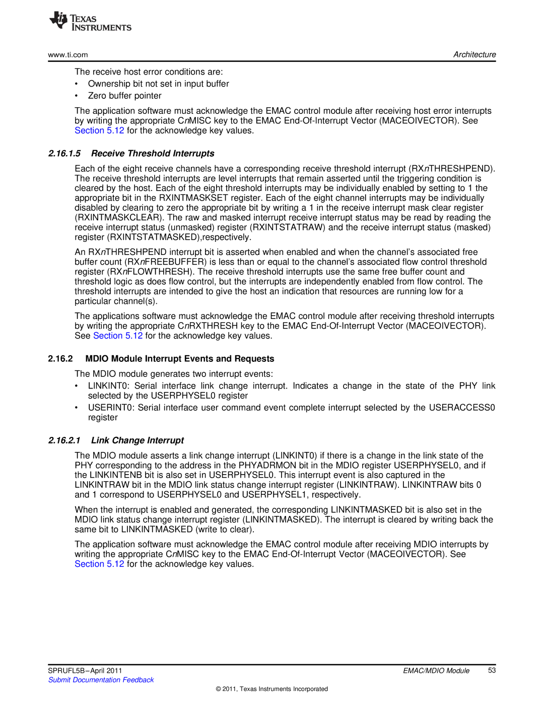 Texas Instruments TMS320C674X manual Receive Threshold Interrupts, Mdio Module Interrupt Events and Requests 