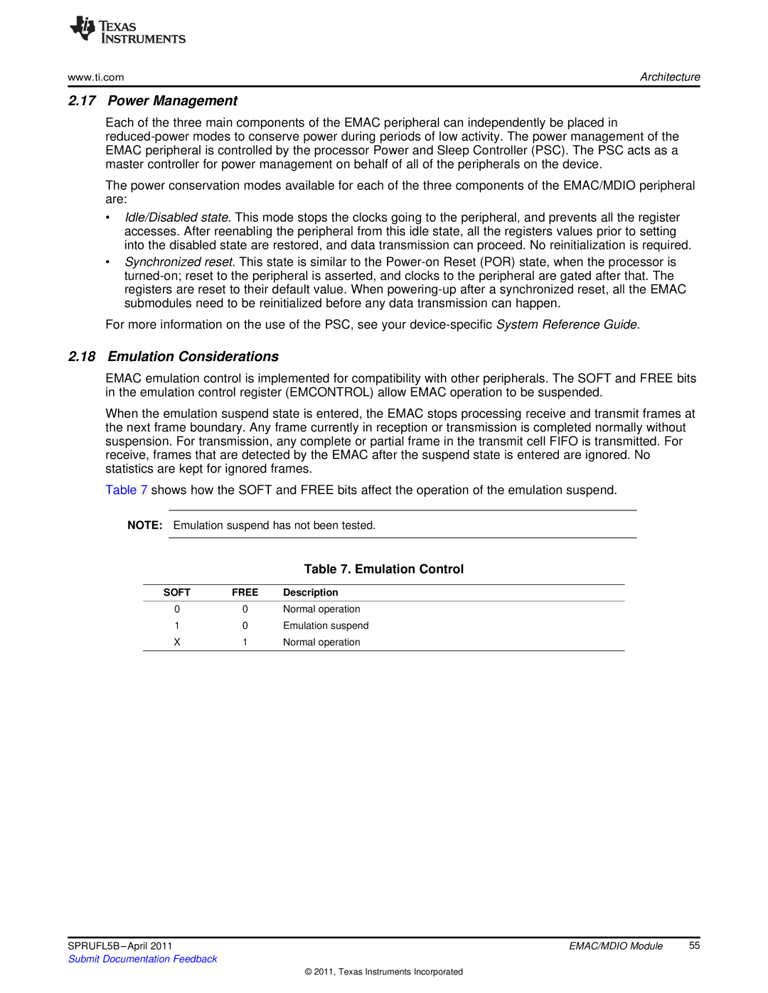 Texas Instruments TMS320C674X manual Power Management, Emulation Considerations, Emulation Control 