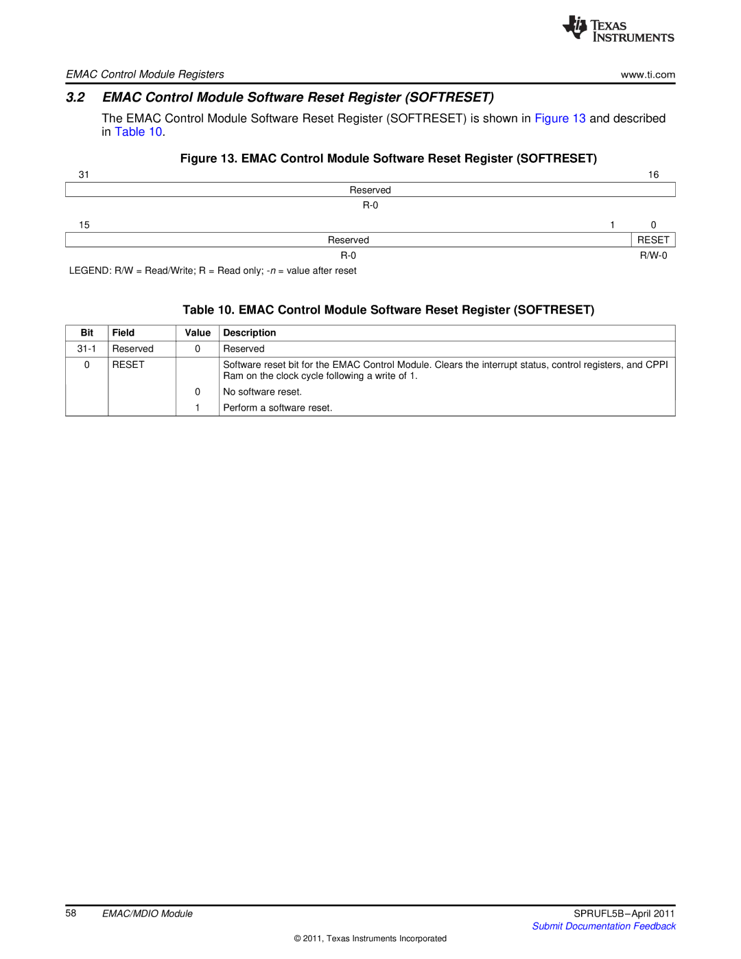 Texas Instruments TMS320C674X manual Emac Control Module Software Reset Register Softreset 