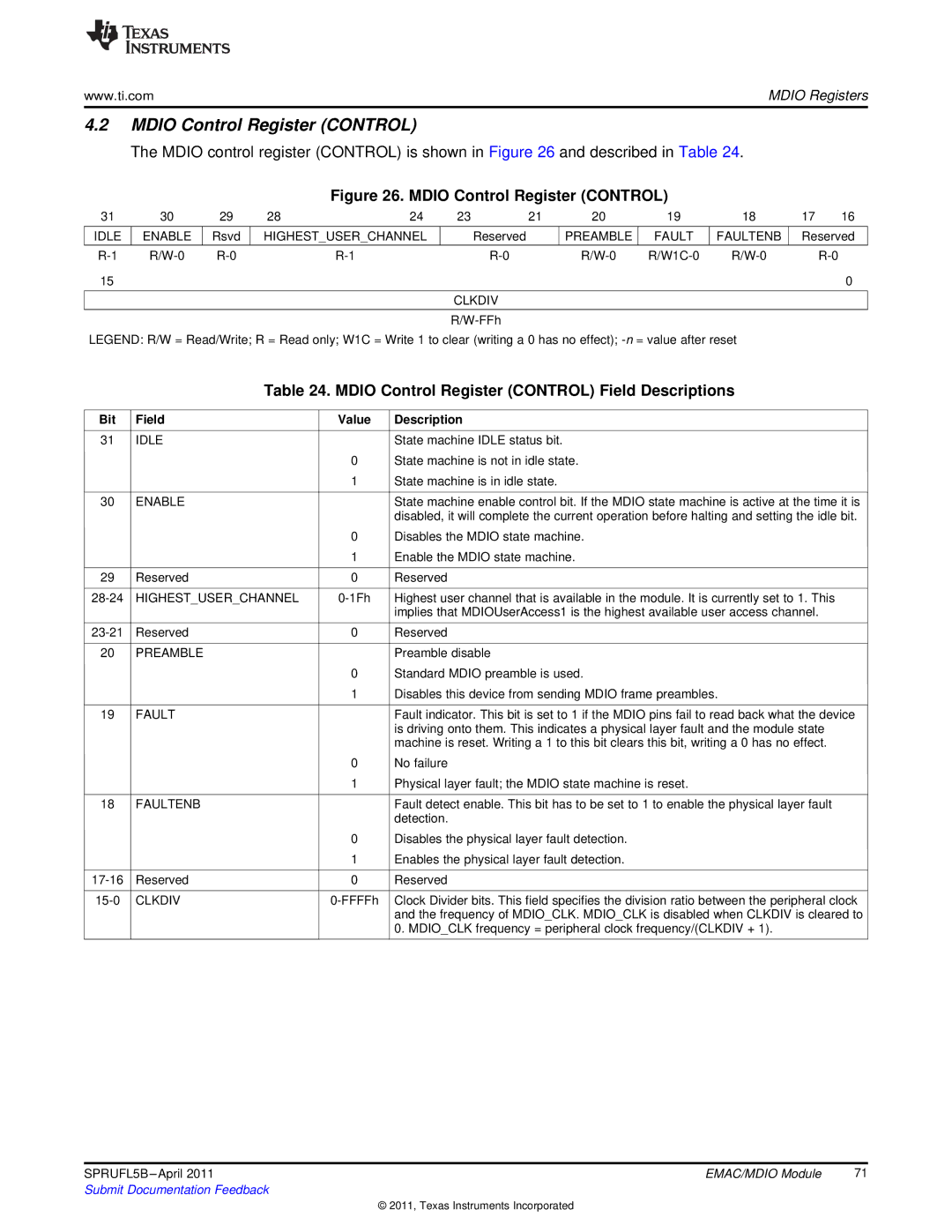 Texas Instruments TMS320C674X manual Mdio Control Register Control Field Descriptions 