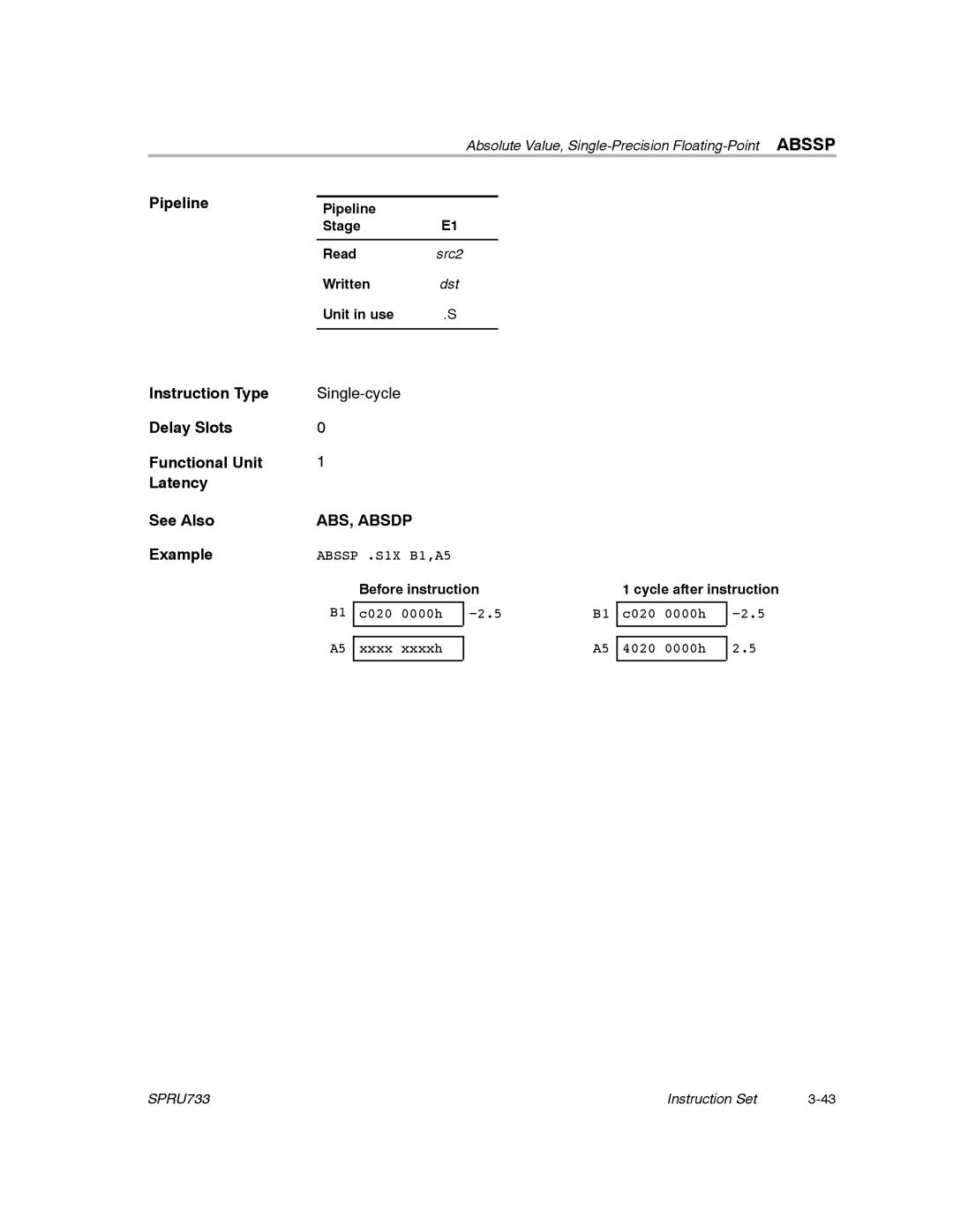 Texas Instruments TMS320C67X/C67X+ DSP manual ABS, Absdp, Before instruction 