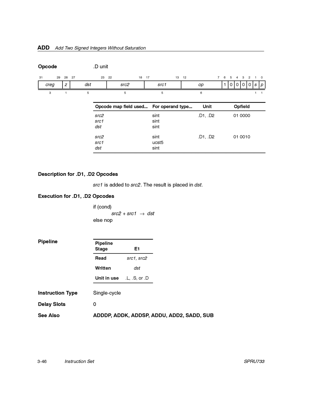 Texas Instruments TMS320C67X/C67X+ DSP manual ADDDP, ADDK, ADDSP, ADDU, ADD2, SADD, SUB, Unit in use Or .D 