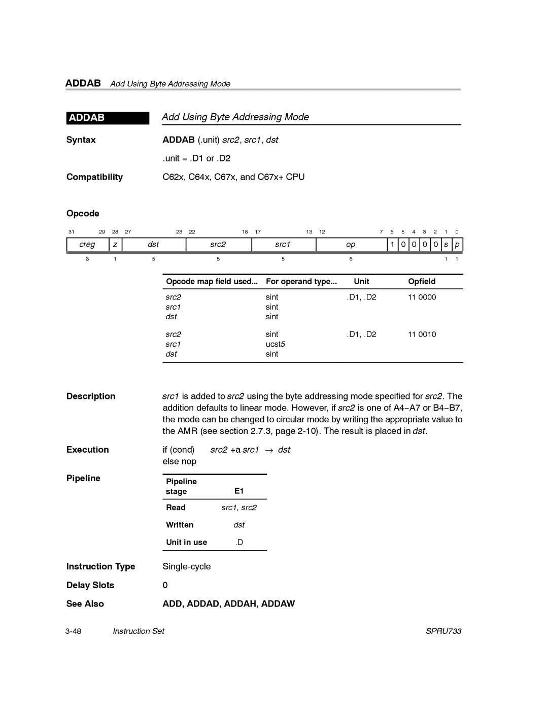 Texas Instruments TMS320C67X/C67X+ DSP manual Add Using Byte Addressing Mode, Addab, ADD, ADDAD, ADDAH, Addaw 