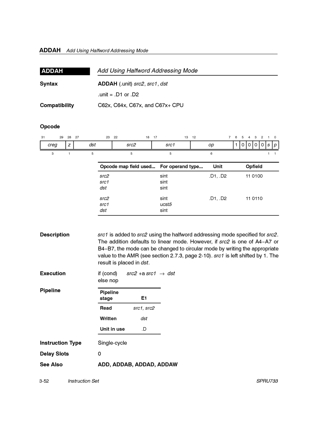 Texas Instruments TMS320C67X/C67X+ DSP manual Add Using Halfword Addressing Mode, Addah, ADD, ADDAB, ADDAD, Addaw 