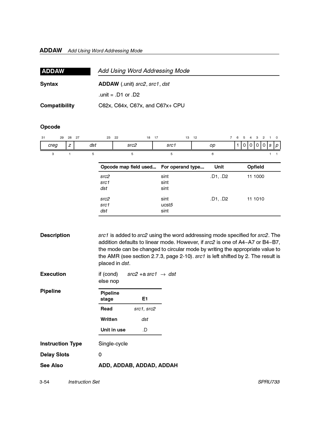 Texas Instruments TMS320C67X/C67X+ DSP manual Add Using Word Addressing Mode, Addaw, ADD, ADDAB, ADDAD, Addah 