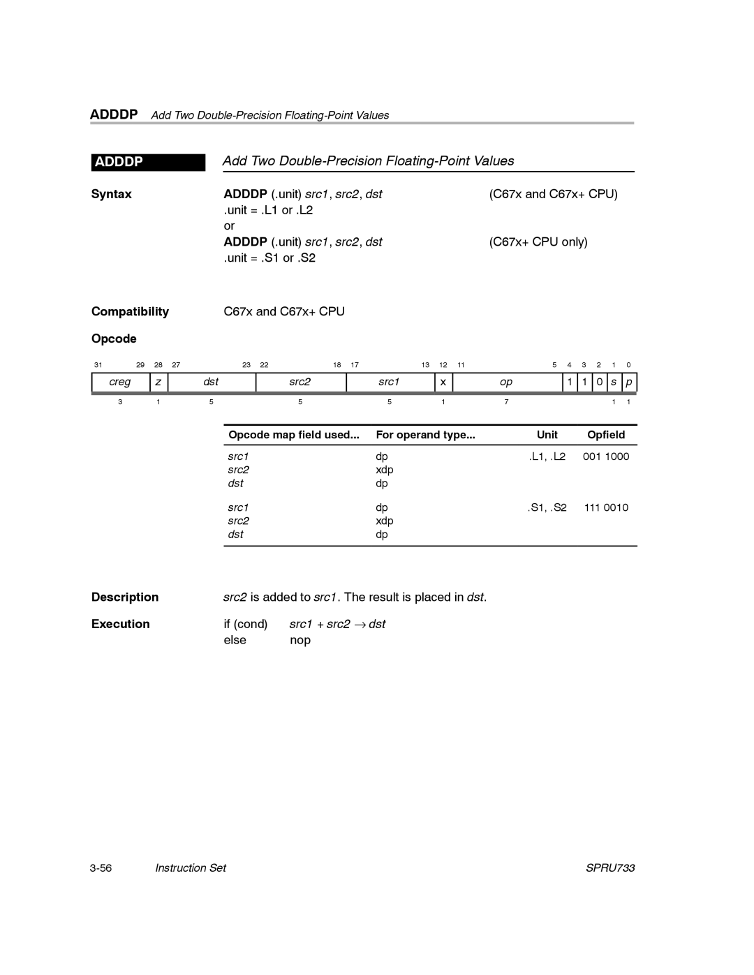 Texas Instruments TMS320C67X/C67X+ DSP manual Add Two Double-Precision Floating-Point Values, Adddp 