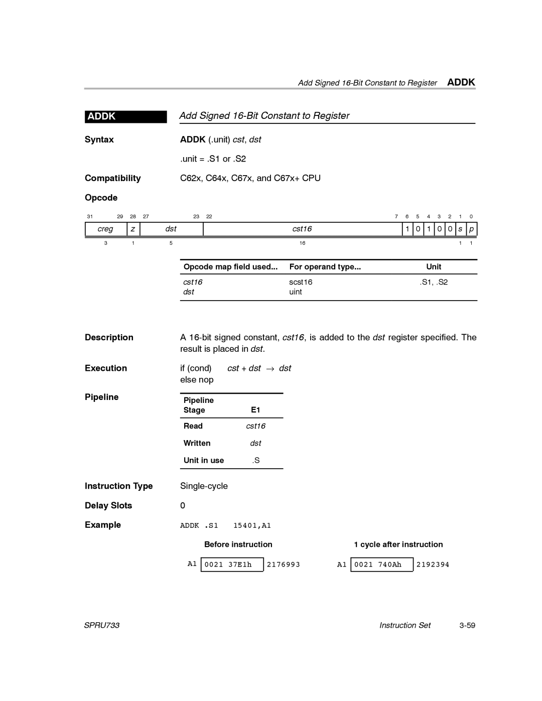 Texas Instruments TMS320C67X/C67X+ DSP manual Add Signed 16-Bit Constant to Register, Addk 