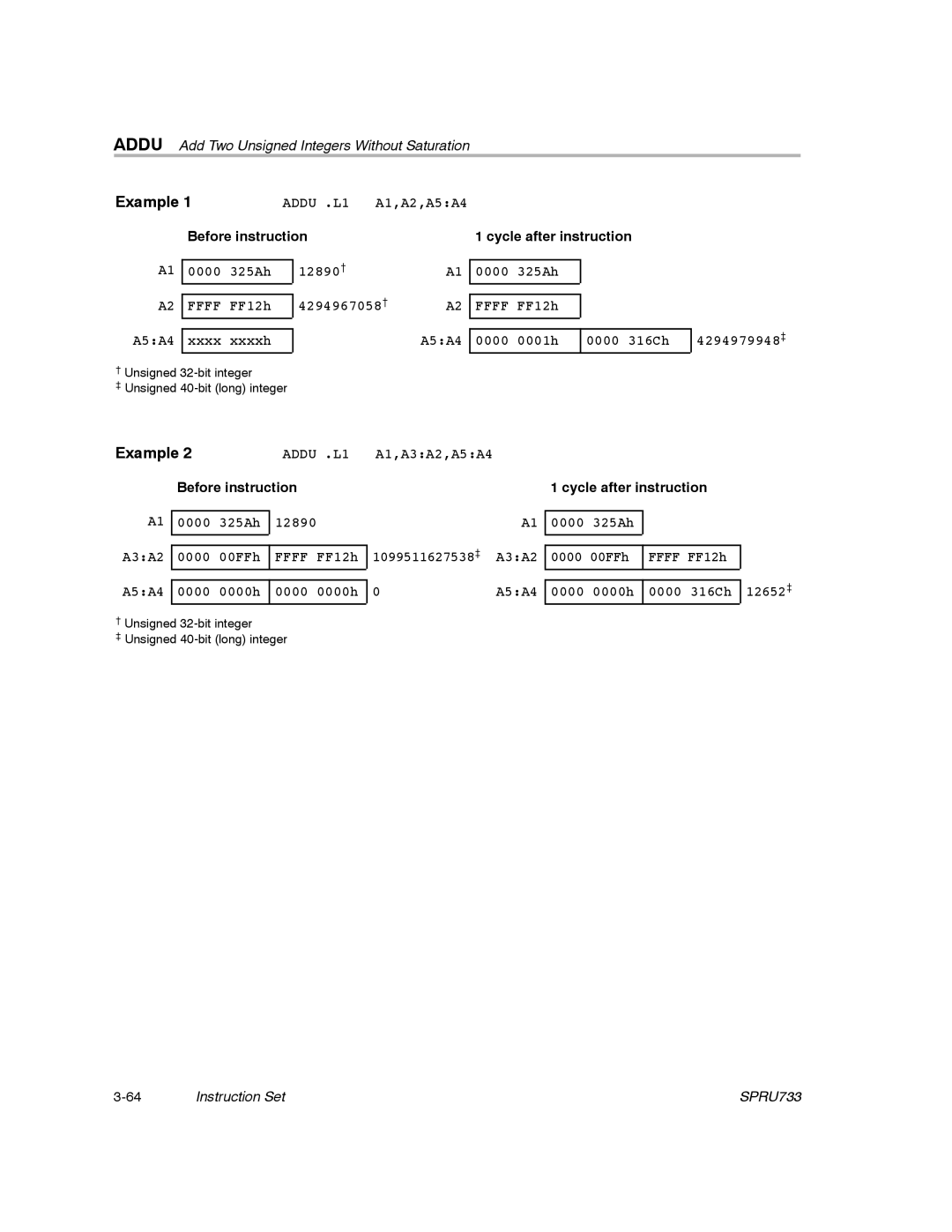 Texas Instruments TMS320C67X/C67X+ DSP manual Addu Add Two Unsigned Integers Without Saturation 