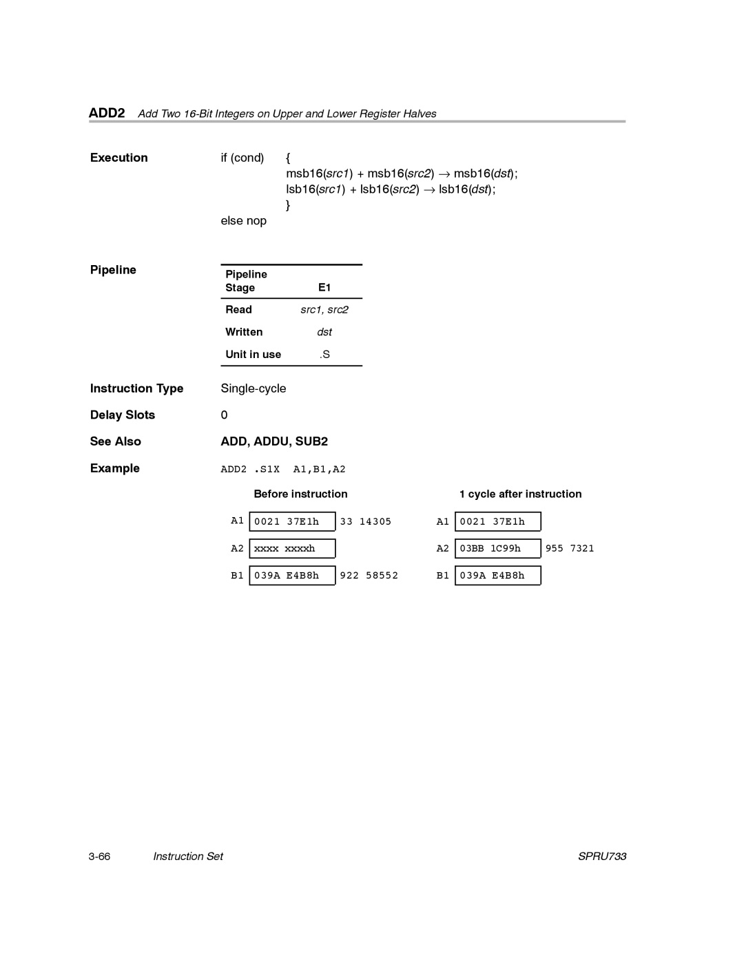 Texas Instruments TMS320C67X/C67X+ DSP manual ADD, ADDU, SUB2, Pipeline Stage Read 