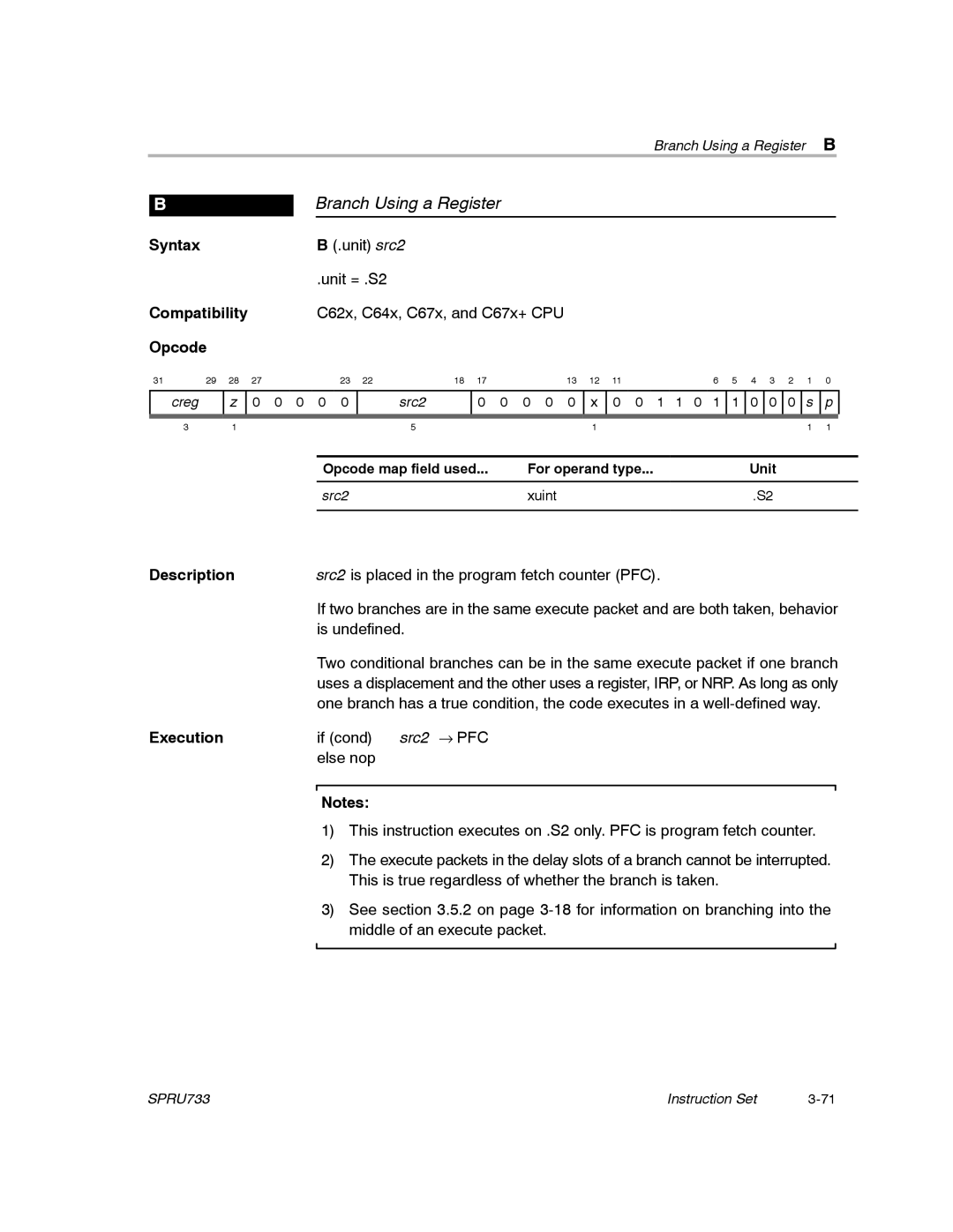 Texas Instruments TMS320C67X/C67X+ DSP manual Branch Using a Register, Xuint 