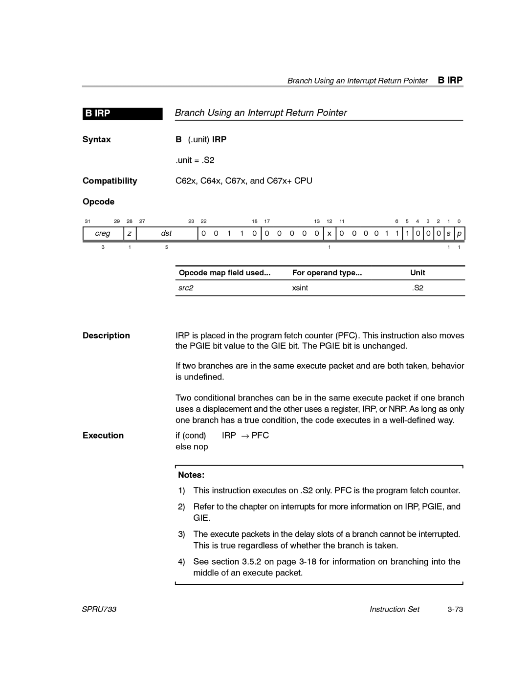 Texas Instruments TMS320C67X/C67X+ DSP manual Branch Using an Interrupt Return Pointer, Irp, Xsint 