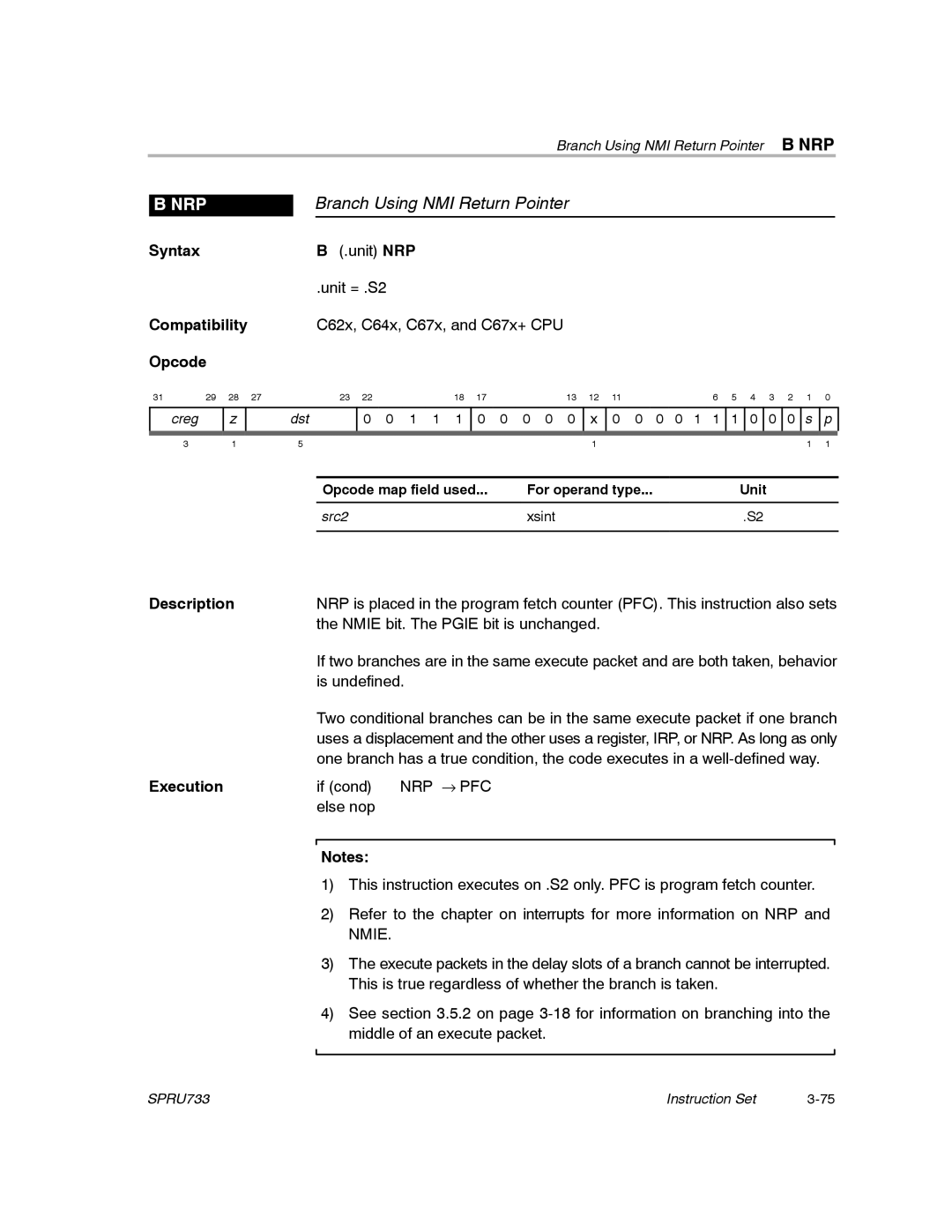 Texas Instruments TMS320C67X/C67X+ DSP manual Branch Using NMI Return Pointer, Nrp 