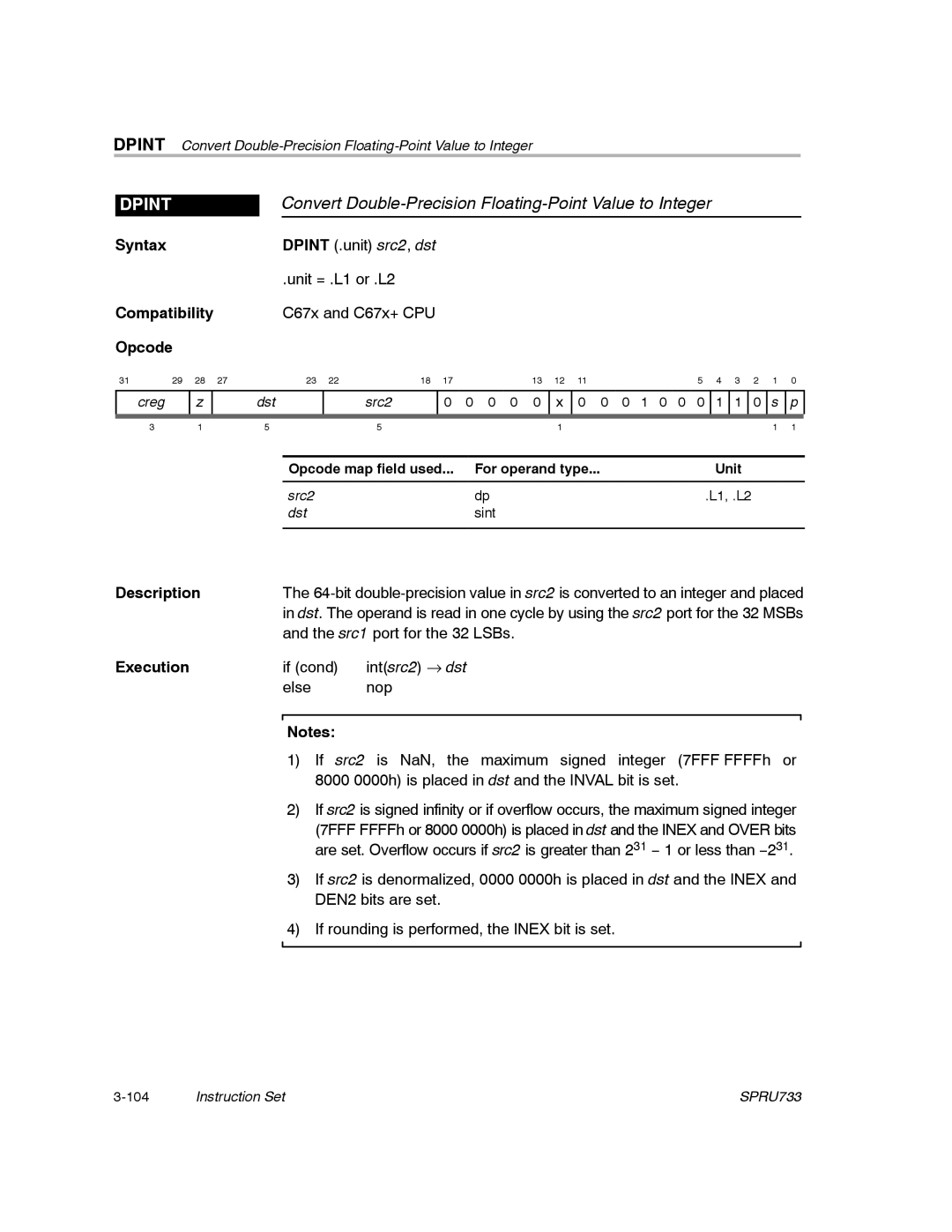 Texas Instruments TMS320C67X/C67X+ DSP manual Convert Double-Precision Floating-Point Value to Integer, Dpint 