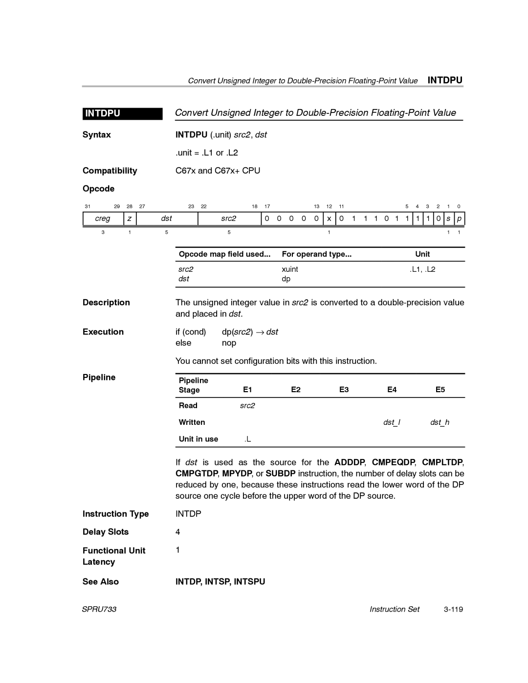 Texas Instruments TMS320C67X/C67X+ DSP manual Intdpu, INTDP, INTSP, Intspu 