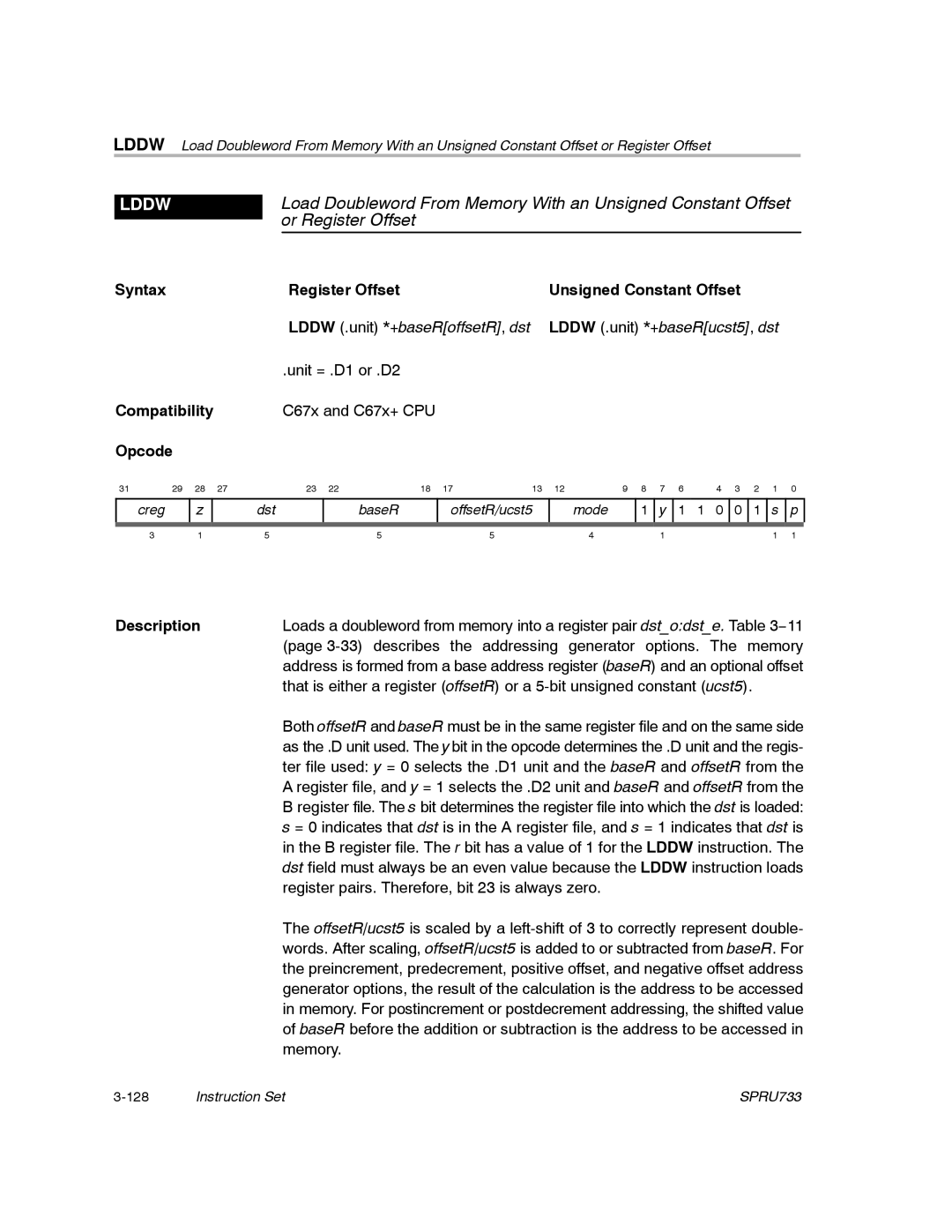 Texas Instruments TMS320C67X/C67X+ DSP manual Lddw, Or Register Offset 