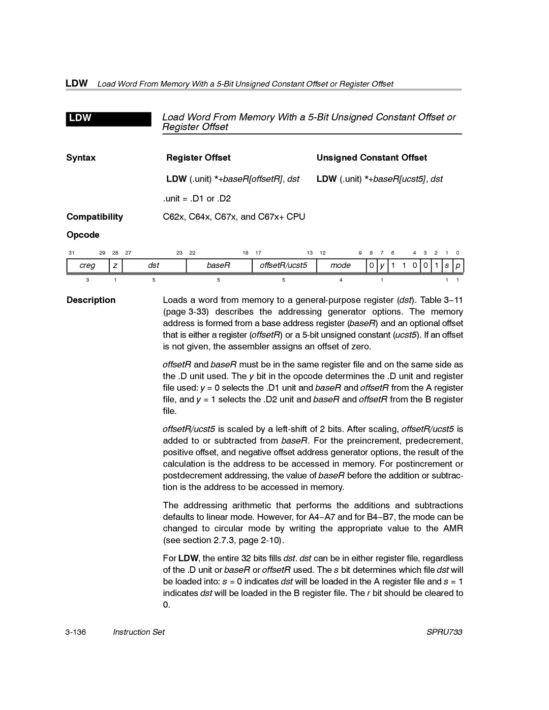 Texas Instruments TMS320C67X/C67X+ DSP manual Ldw, Register Offset 