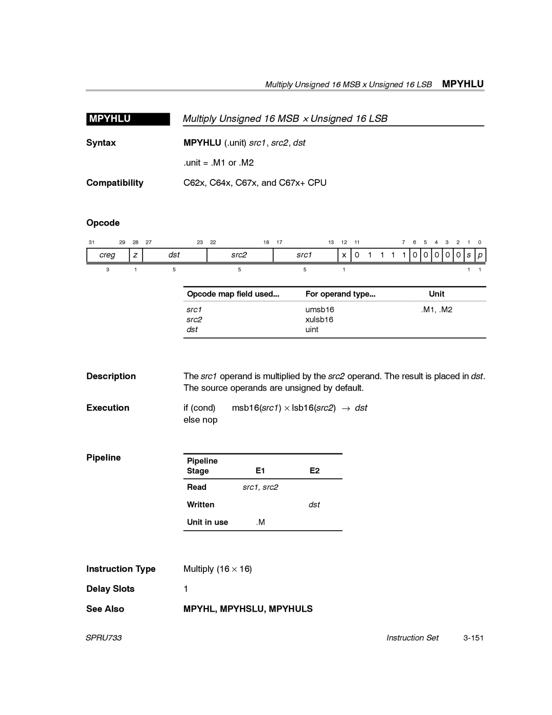 Texas Instruments TMS320C67X/C67X+ DSP manual Multiply Unsigned 16 MSB y Unsigned 16 LSB, MPYHL, MPYHSLU, Mpyhuls 