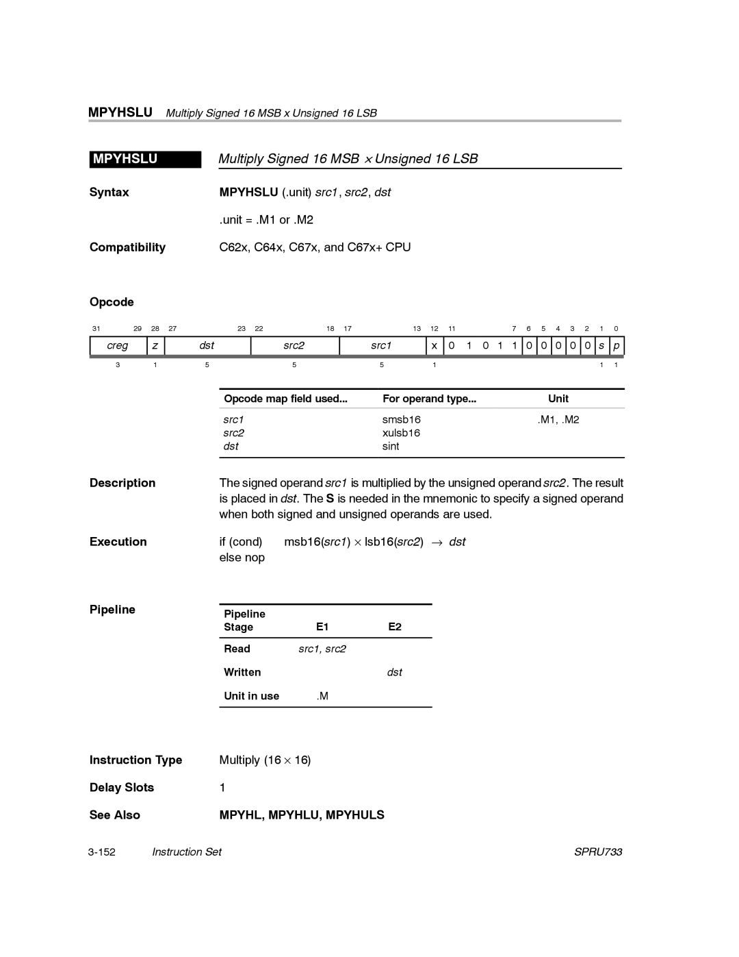 Texas Instruments TMS320C67X/C67X+ DSP manual Mpyhslu, Multiply Signed 16 MSB y Unsigned 16 LSB, MPYHL, MPYHLU, Mpyhuls 