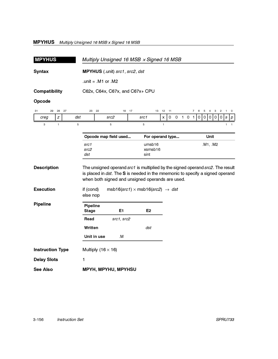 Texas Instruments TMS320C67X/C67X+ DSP manual Multiply Unsigned 16 MSB y Signed 16 MSB, MPYH, MPYHU, Mpyhsu 