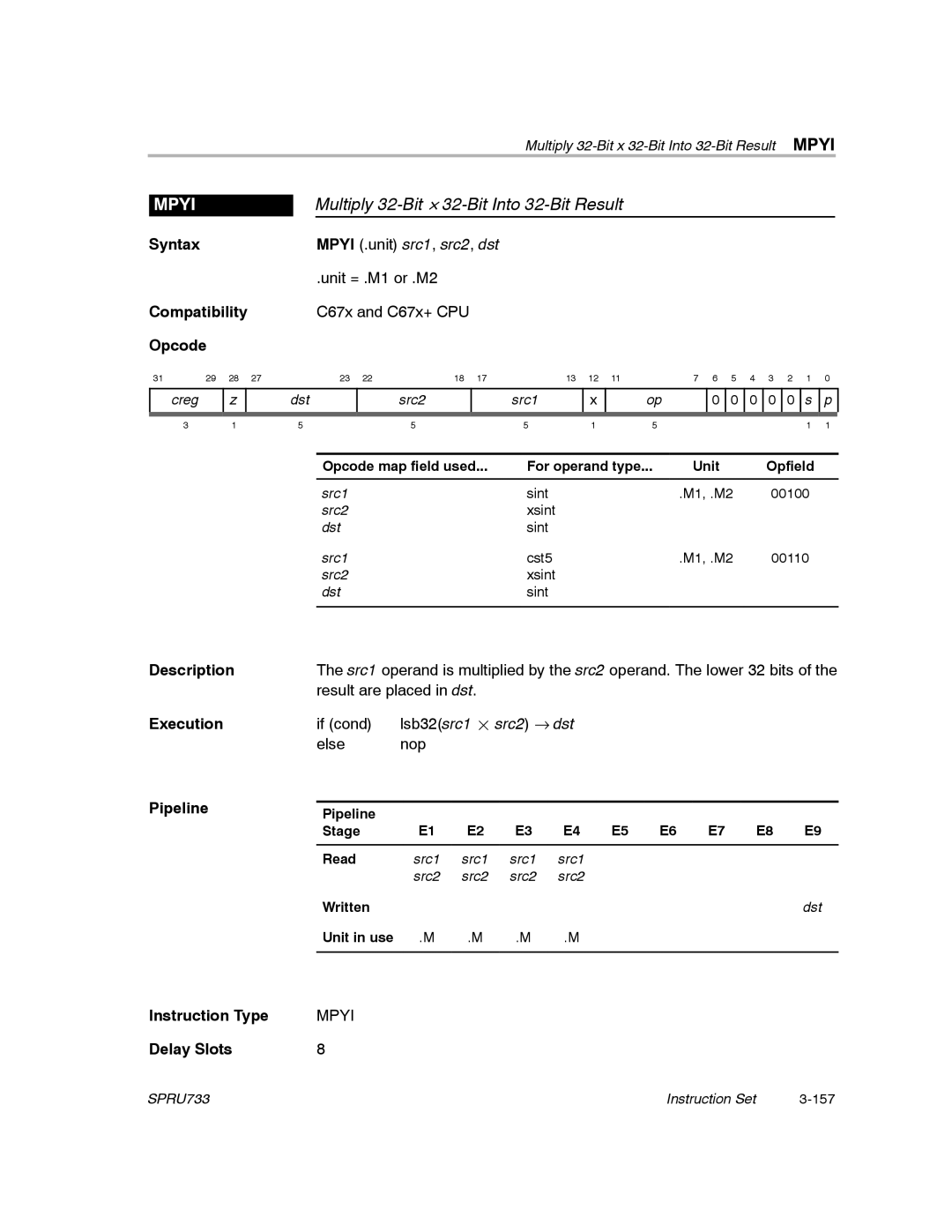 Texas Instruments TMS320C67X/C67X+ DSP manual Multiply 32-Bit y 32-Bit Into 32-Bit Result, Mpyi 