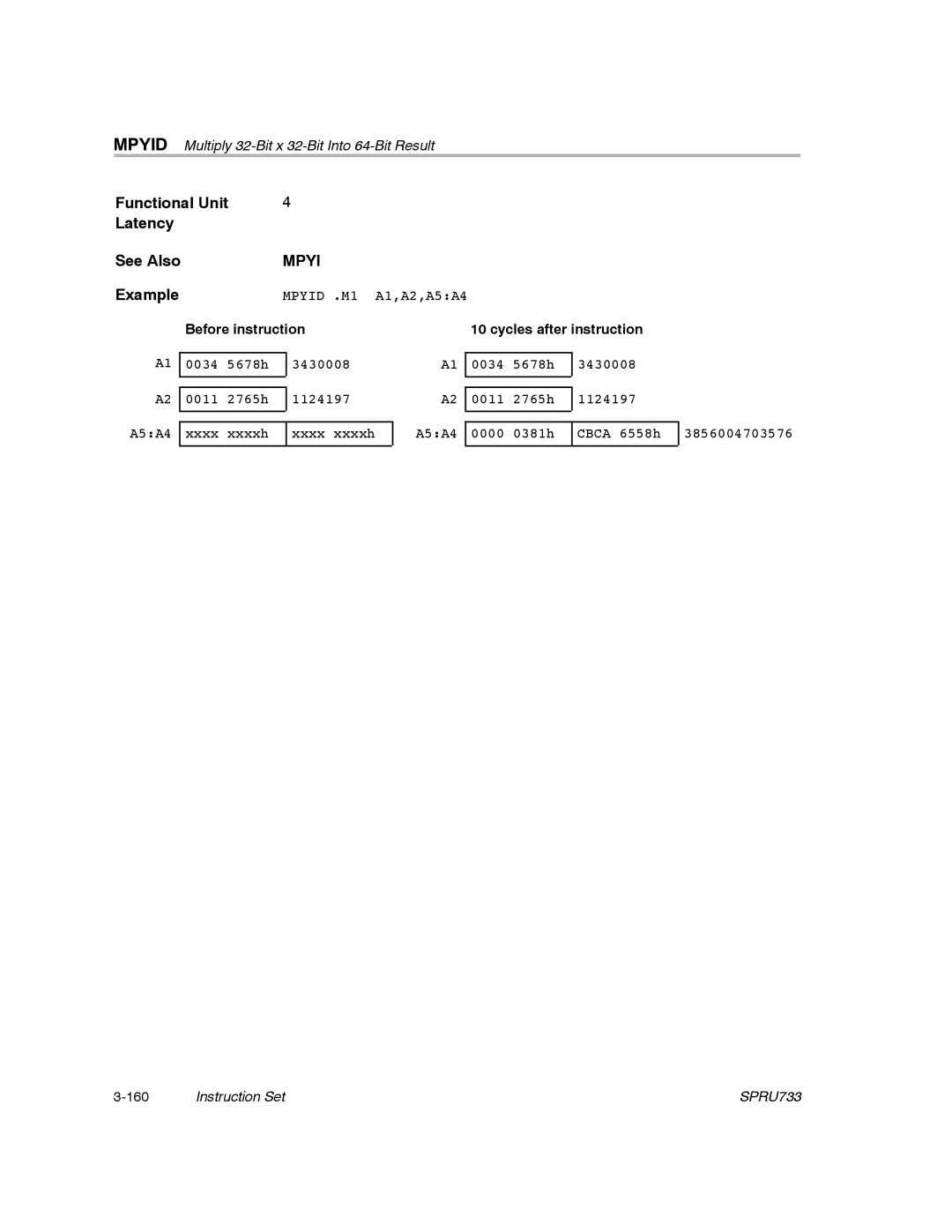 Texas Instruments TMS320C67X/C67X+ DSP manual Mpyid Multiply 32-Bit x 32-Bit Into 64-Bit Result 