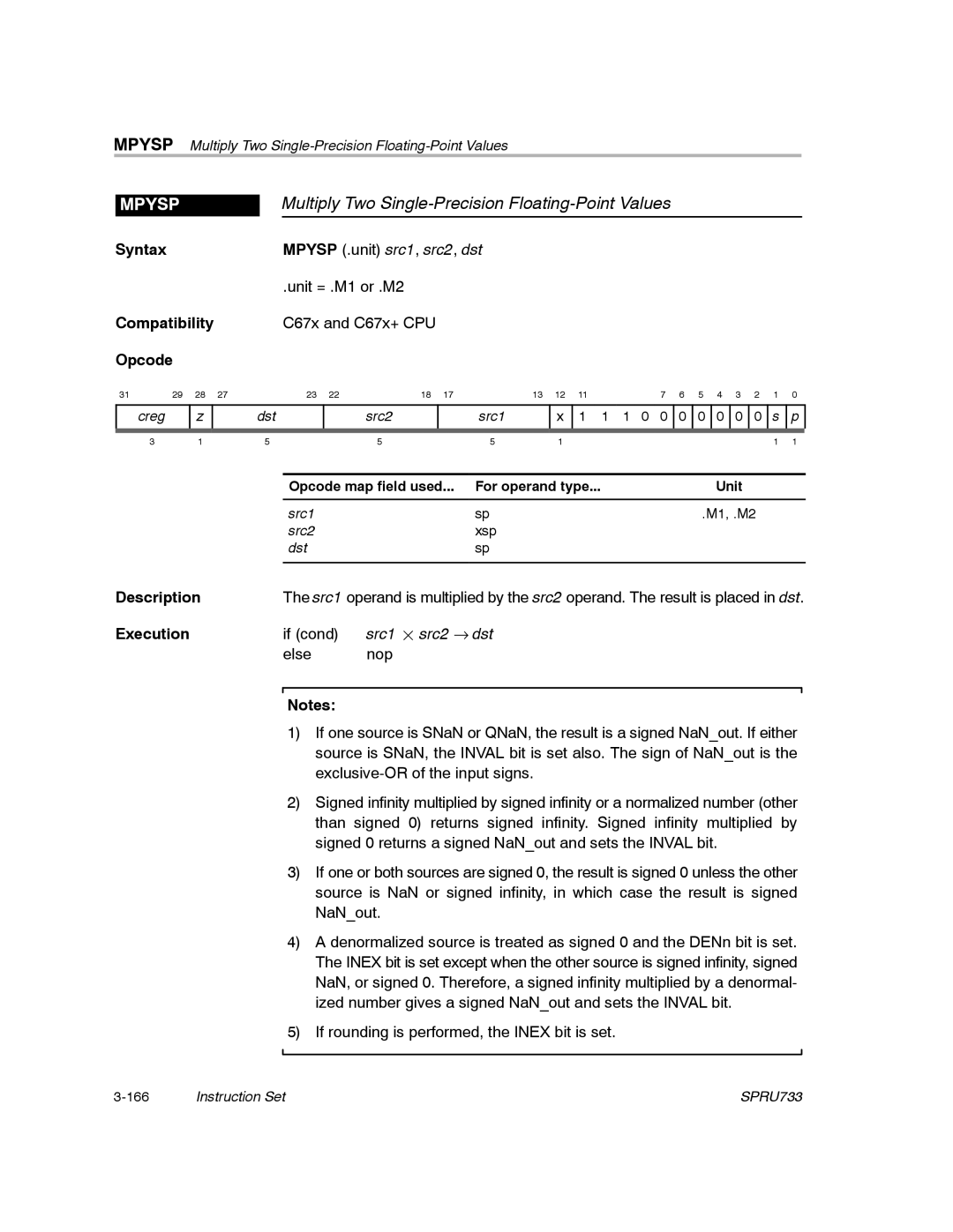 Texas Instruments TMS320C67X/C67X+ DSP manual Multiply Two Single-Precision Floating-Point Values, Mpysp 