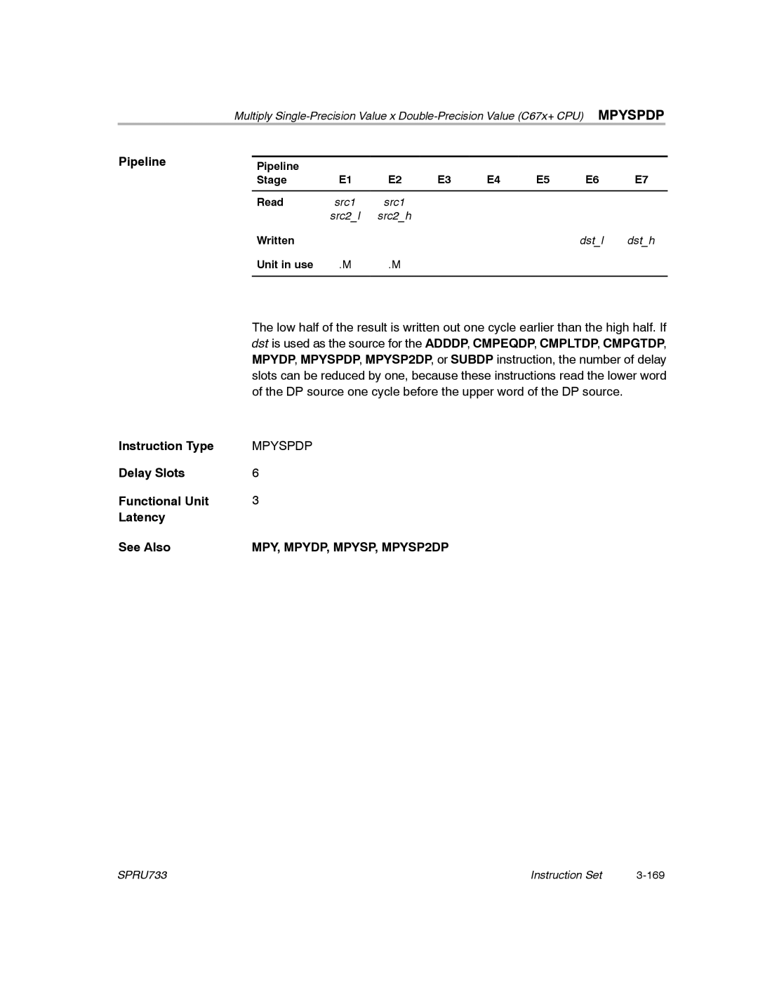 Texas Instruments TMS320C67X/C67X+ DSP manual Mpyspdp, MPY, MPYDP, MPYSP, MPYSP2DP 