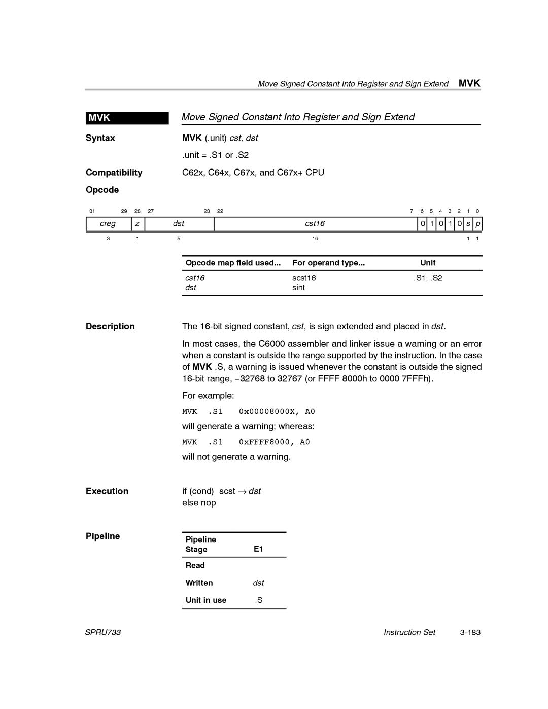 Texas Instruments TMS320C67X/C67X+ DSP manual Move Signed Constant Into Register and Sign Extend, Mvk 